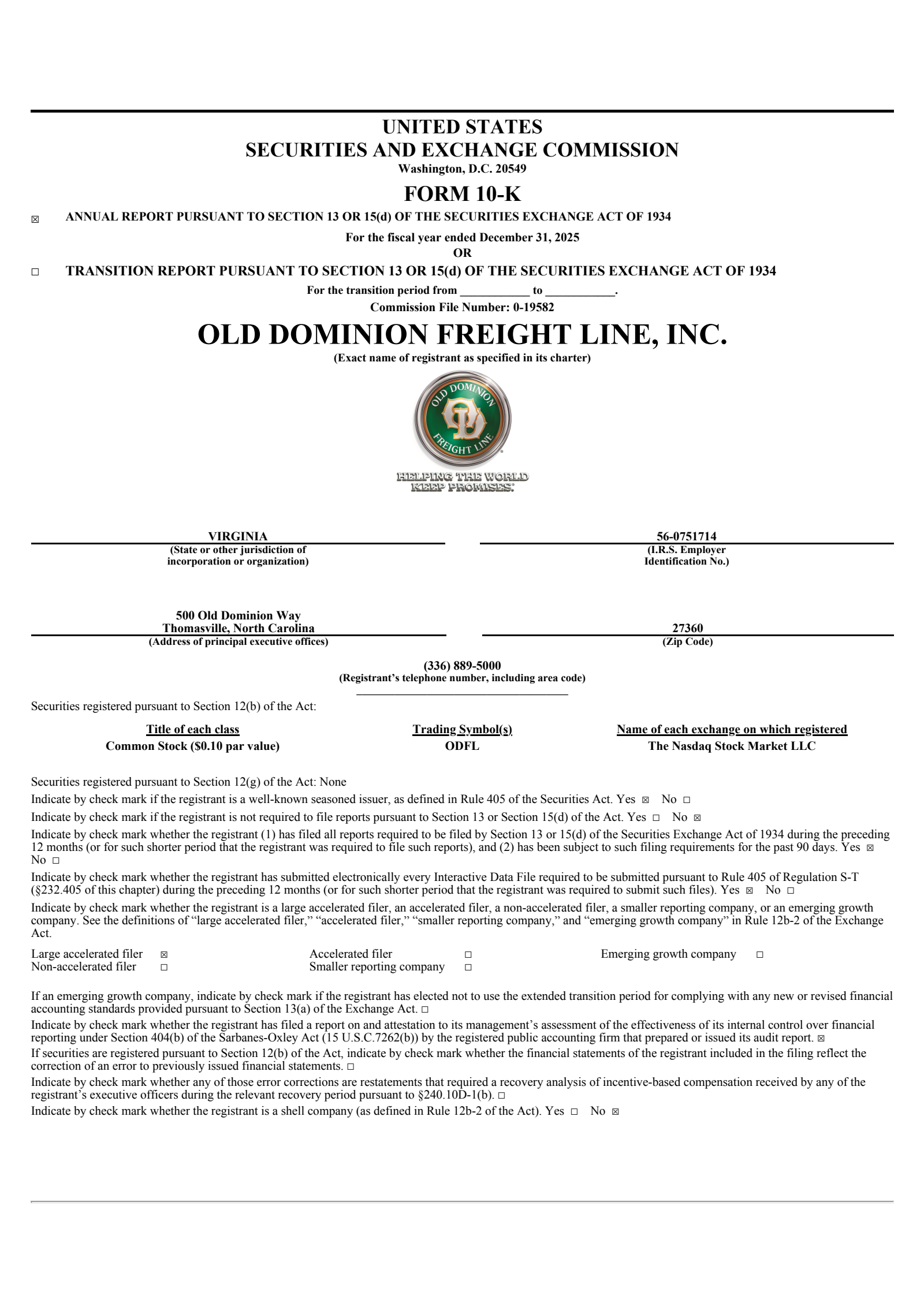 Old Dominion Freight Line's Q4 2025 Annual report