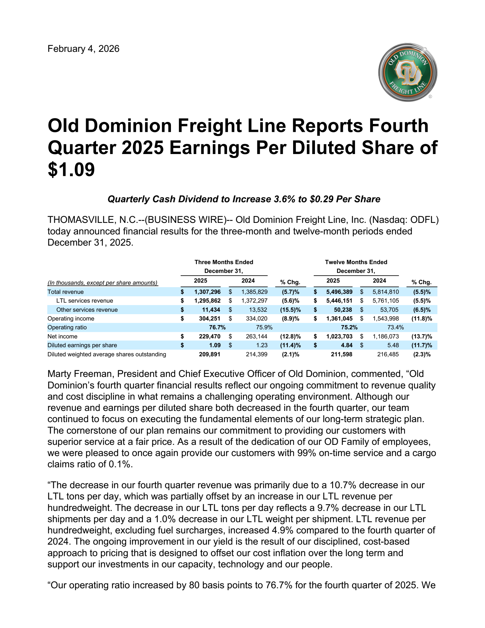 Old Dominion Freight Line's Q4 2025 Press Release