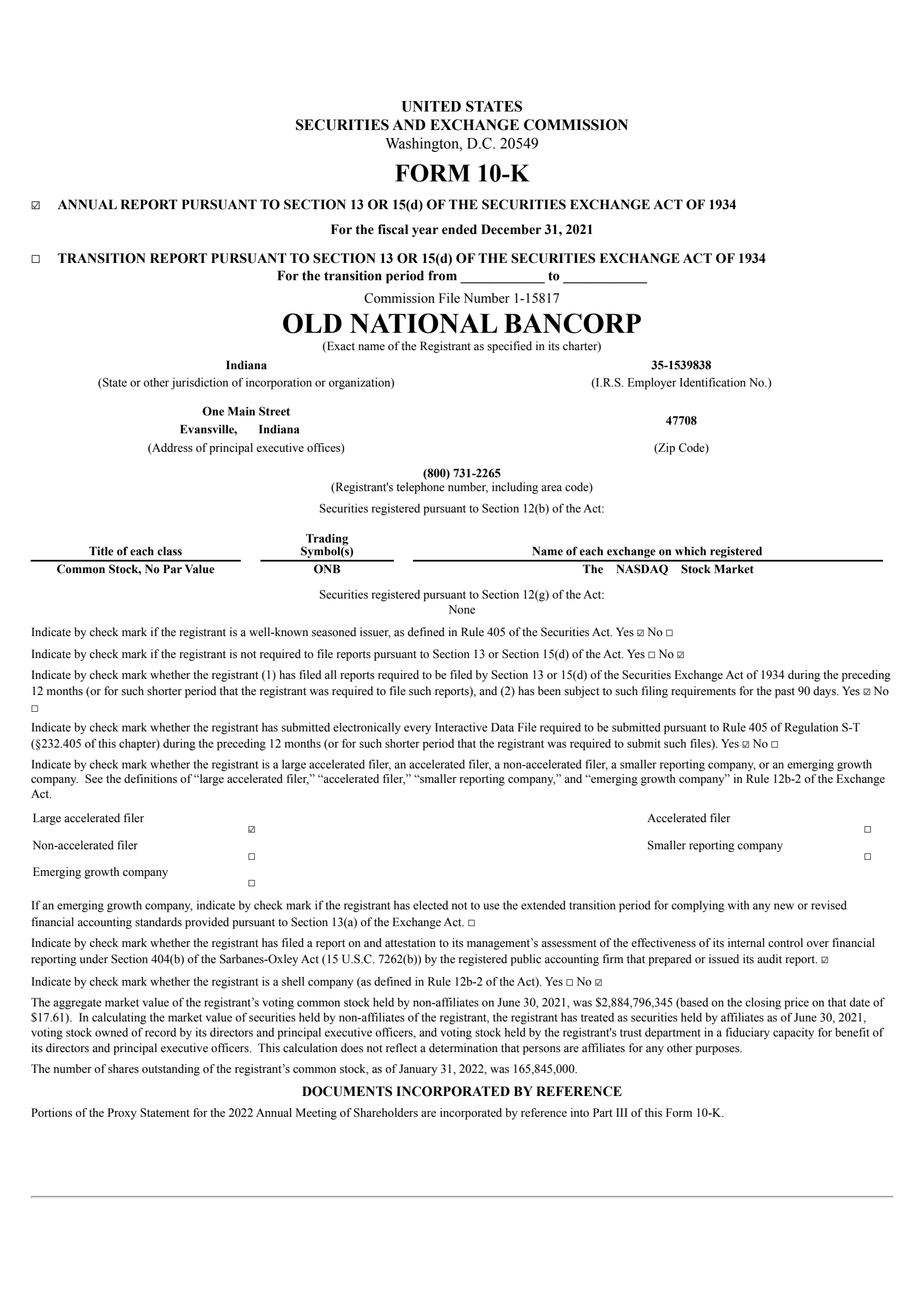 Old National Bancorp's Q4 2021 Annual report