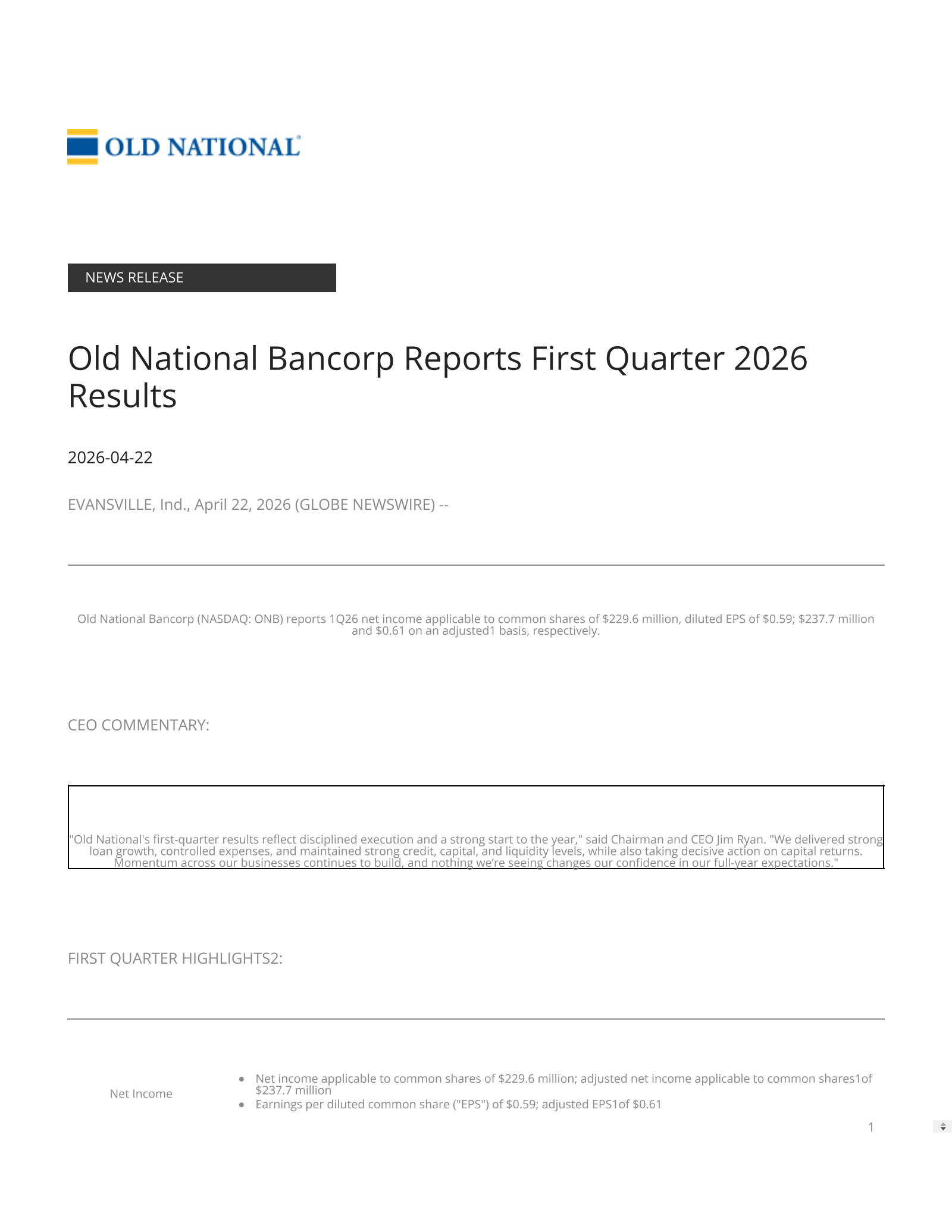 Old National Bancorp's Q1 2026 Press Release