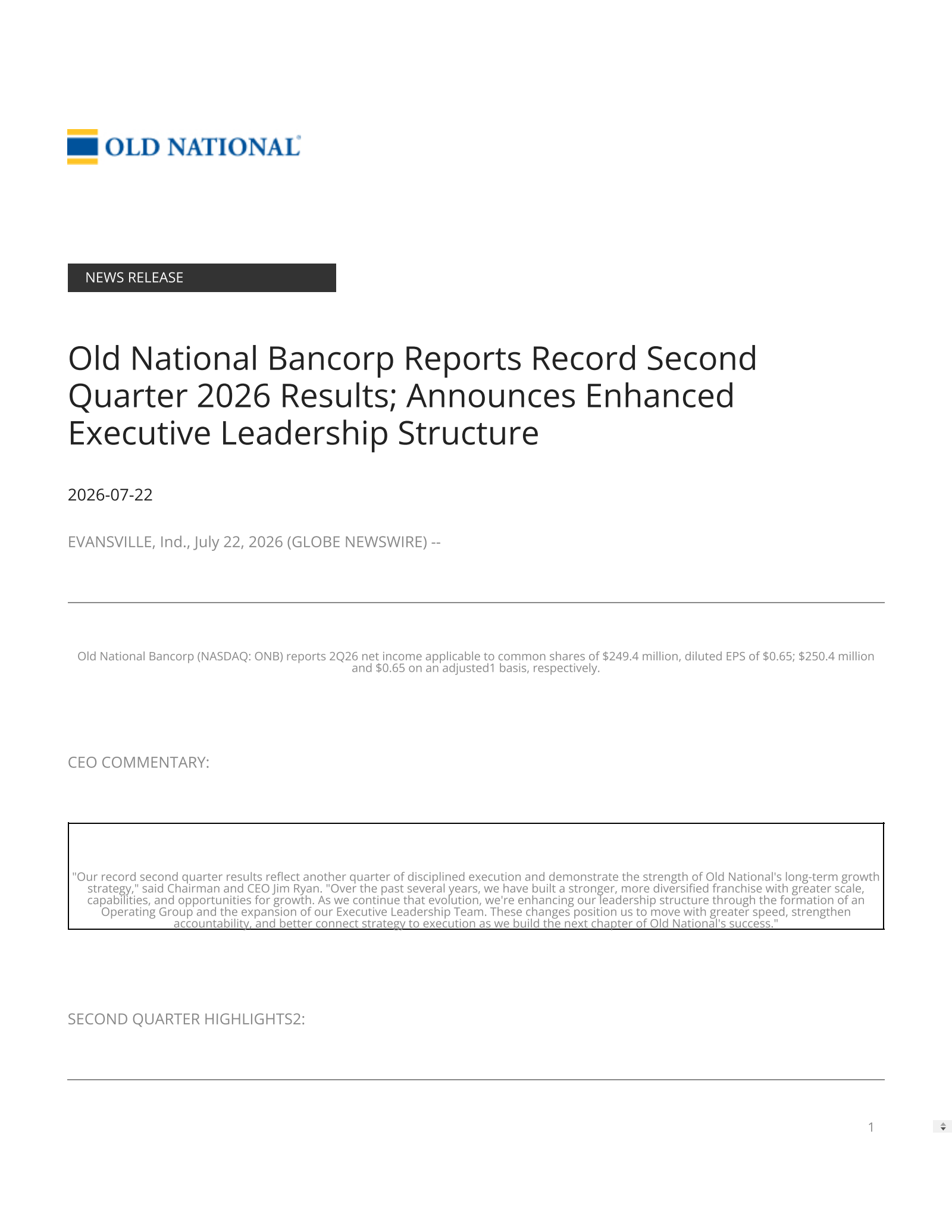 Old National Bancorp's Q2 2026 Press Release