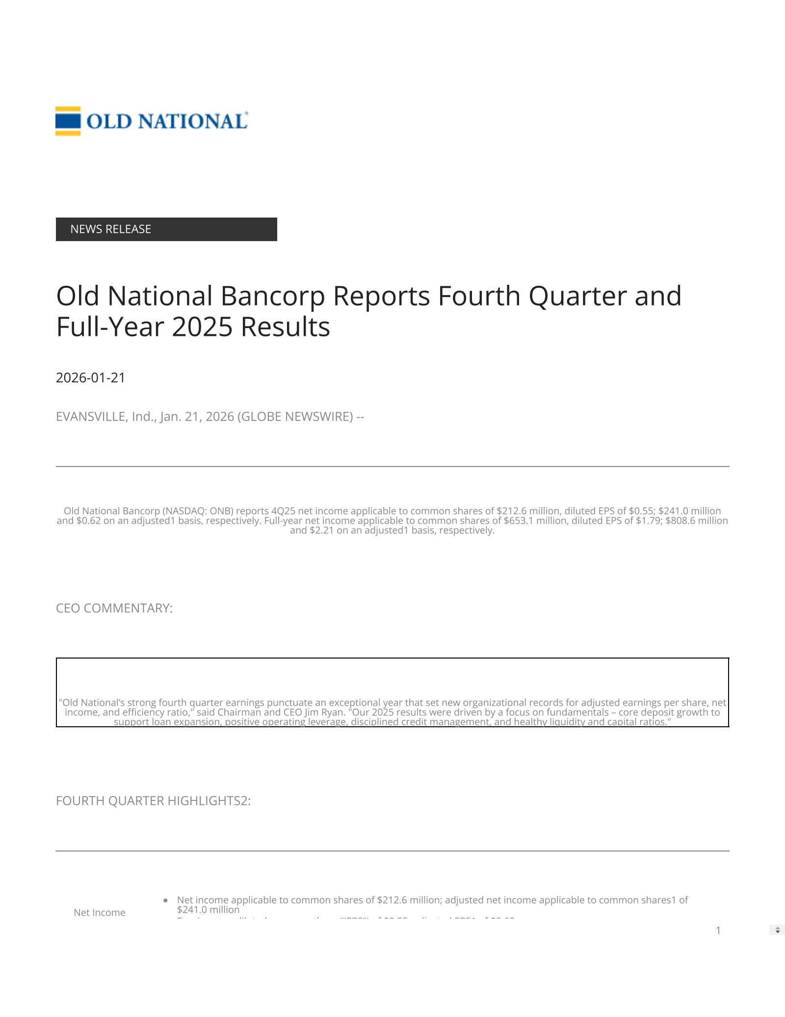 Old National Bancorp's Q4 2025 Press Release