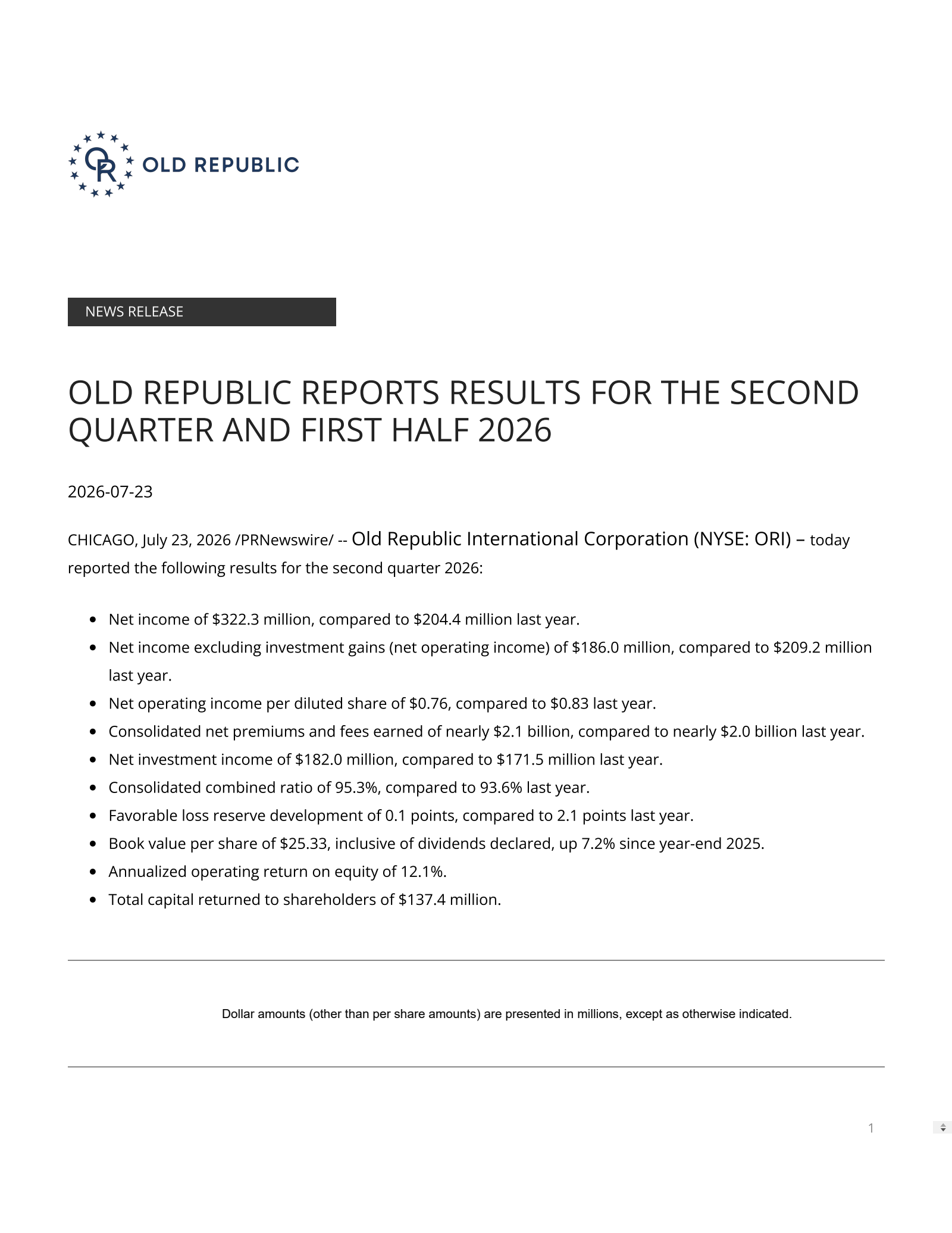 Old Republic International's Q2 2026 Press Release