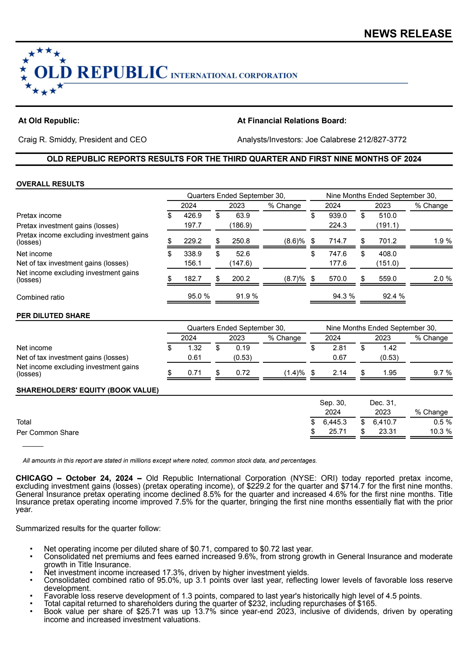 Old Republic International's Q3 2024 Press Release