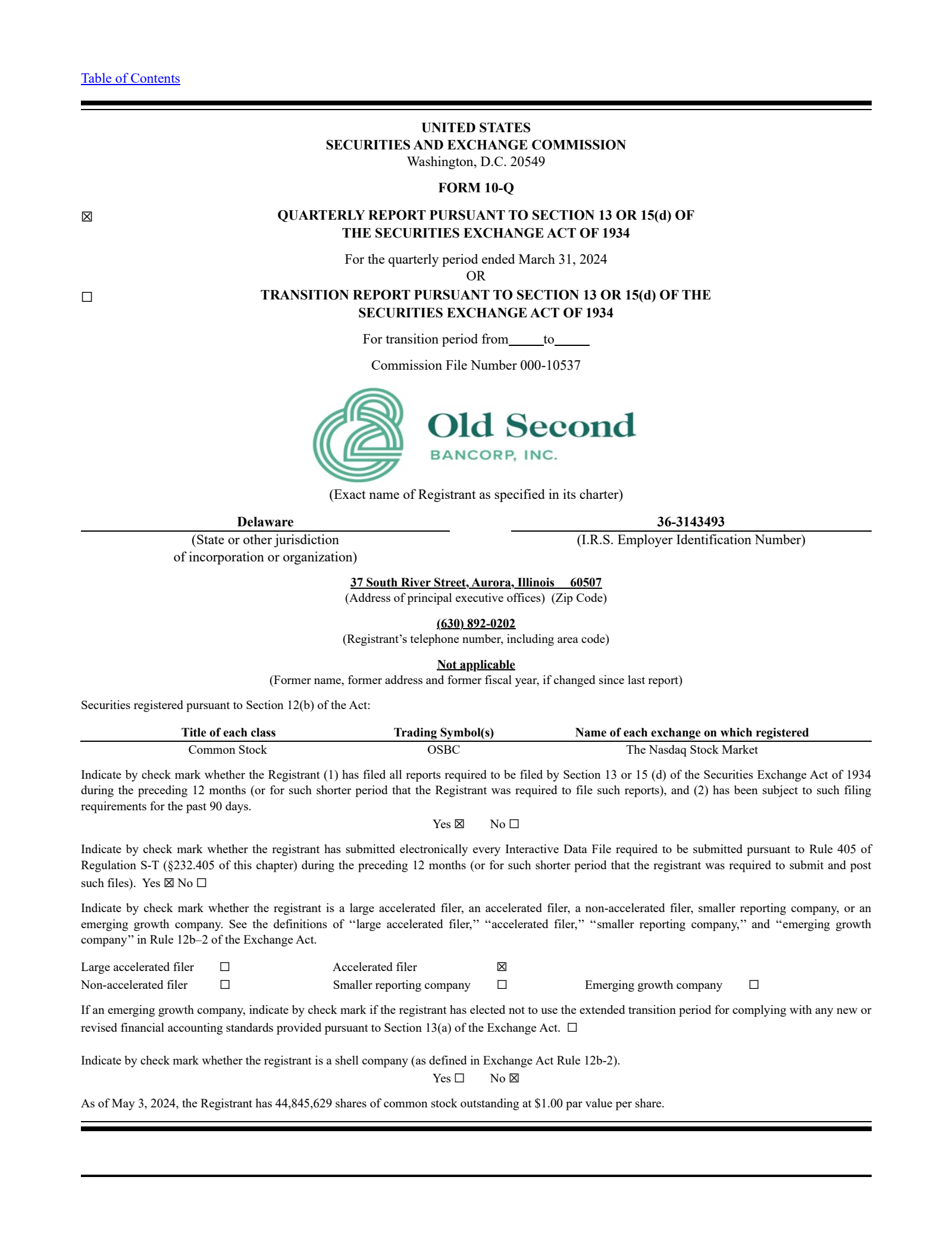 Old Second Bancorp's Q1 2024 Quarterly Report