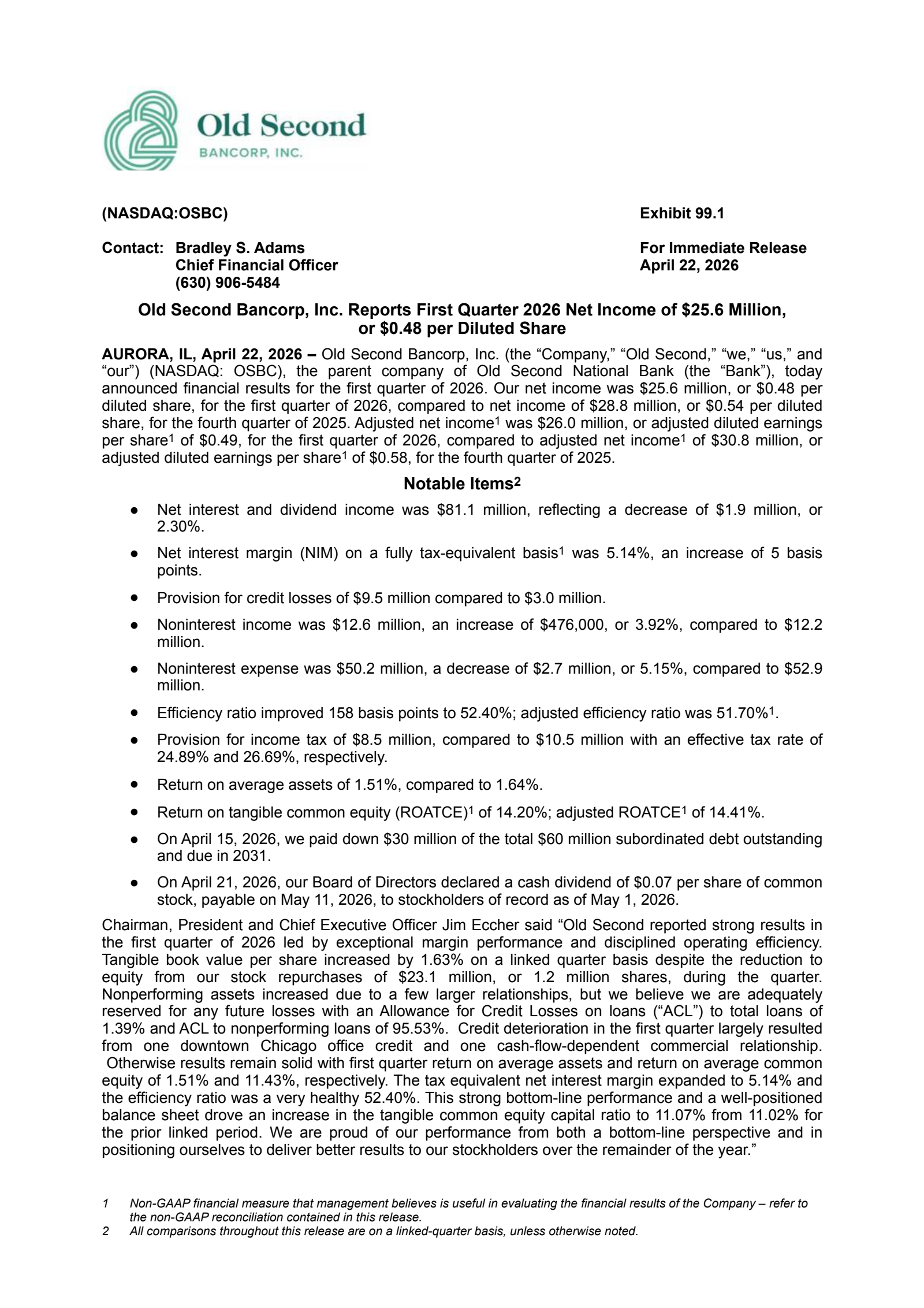 Old Second Bancorp's Q1 2026 Press Release
