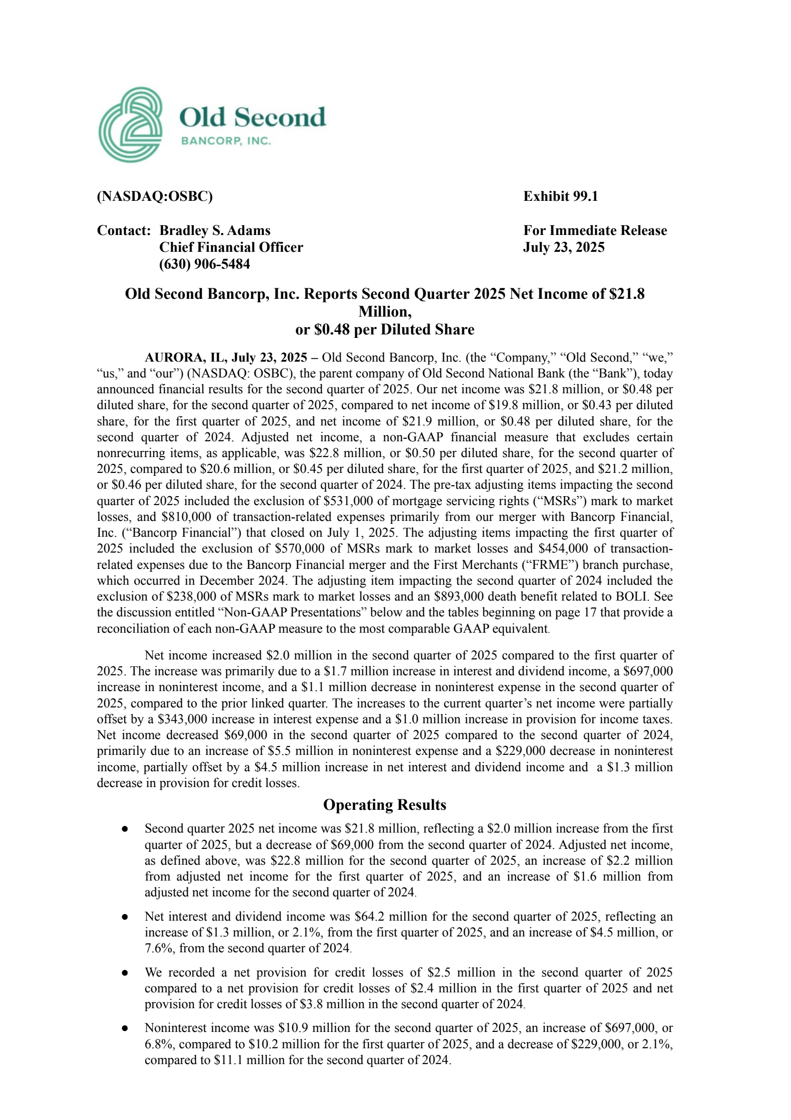 Old Second Bancorp's Q2 2025 Press Release