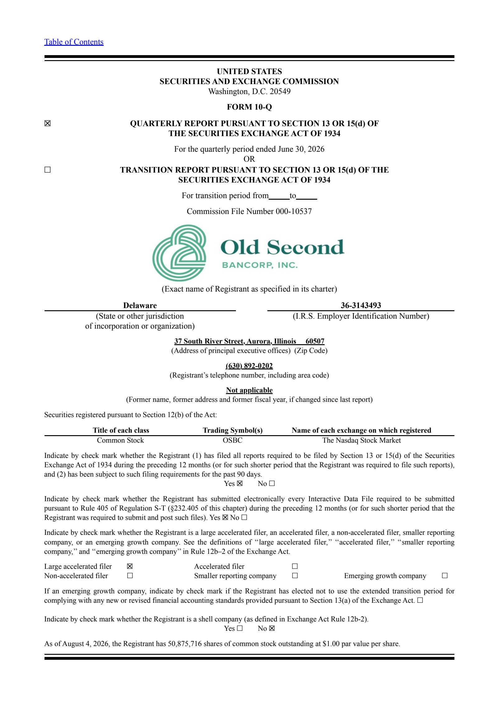 Old Second Bancorp's Q2 2026 Quarterly report