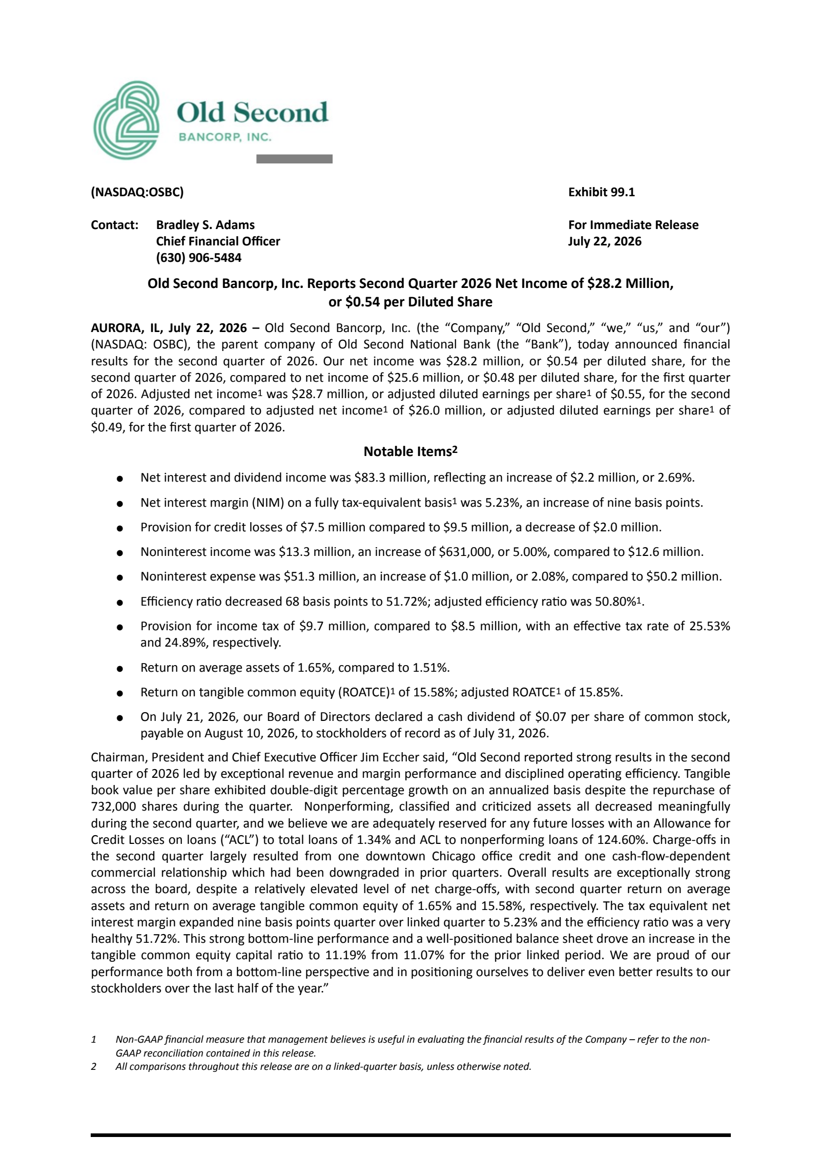 Old Second Bancorp's Q2 2026 Press Release