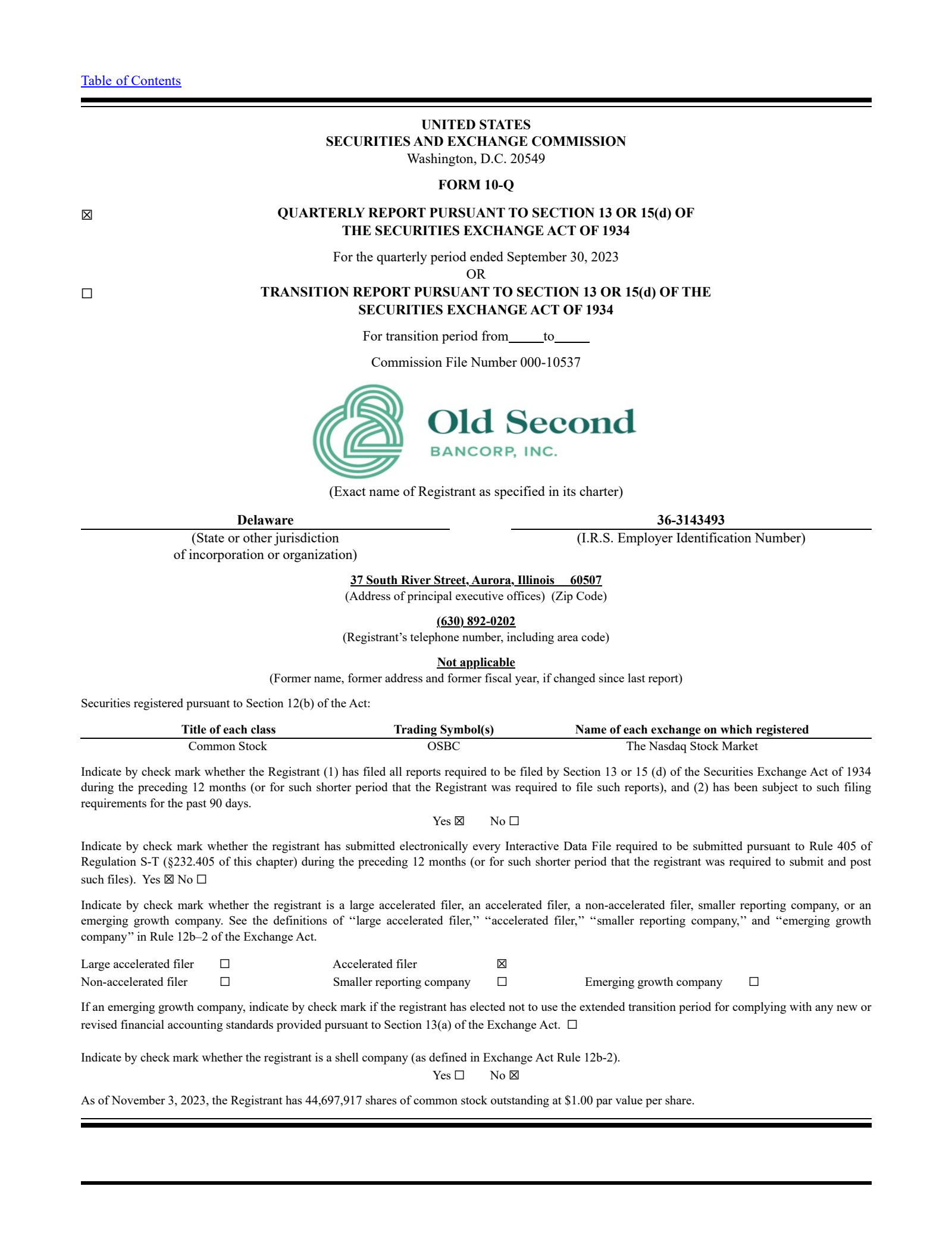 Old Second Bancorp's Q3 2023 Quarterly Report