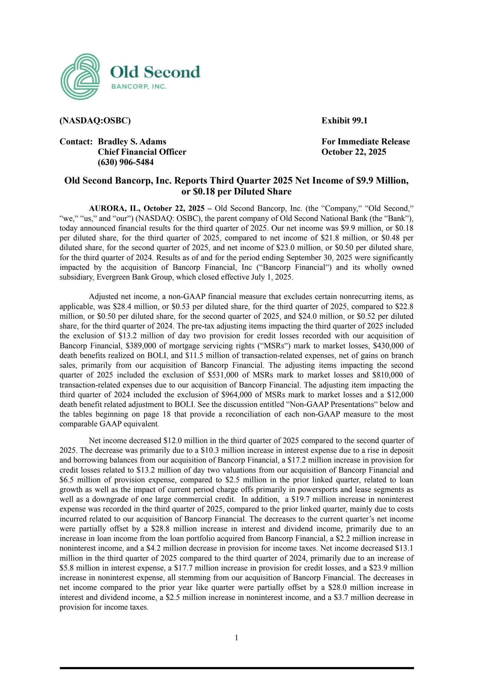 Old Second Bancorp's Q3 2025 Earnings Release
