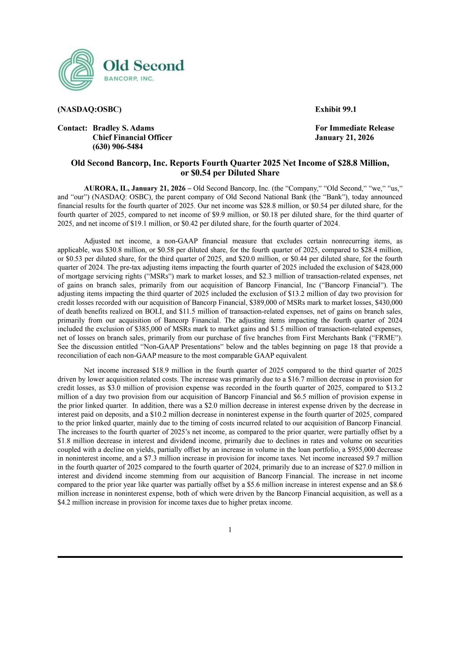 Old Second Bancorp's Q4 2025 Press Release