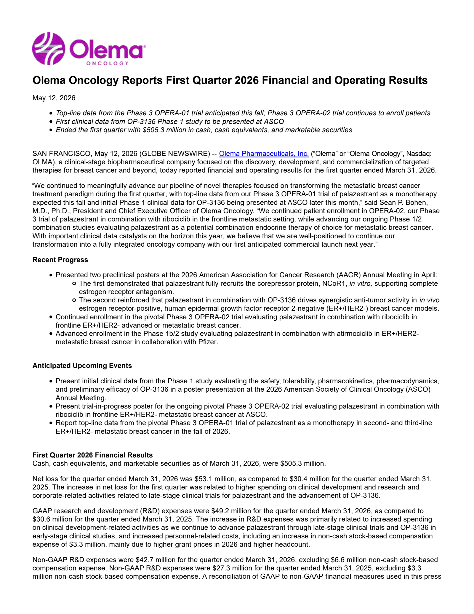 Olema Pharmaceuticals' Q1 2026 Press Release