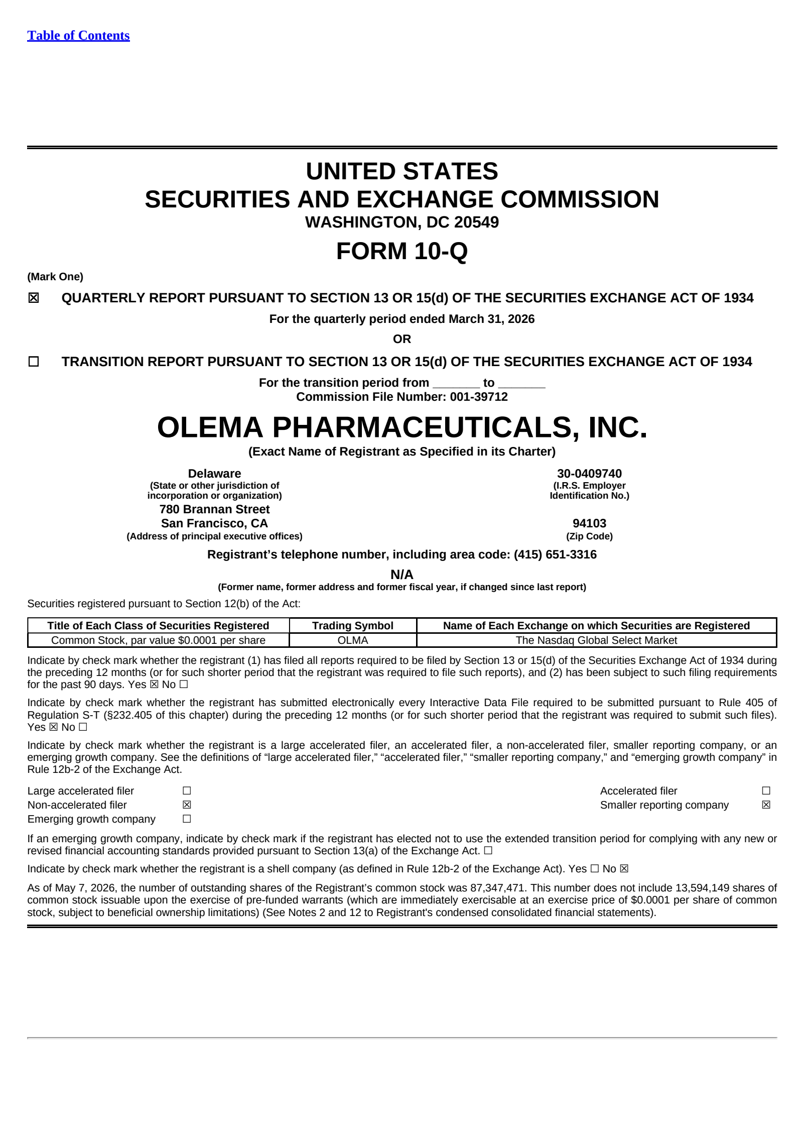 Olema Pharmaceuticals' Q1 2026 Quarterly report