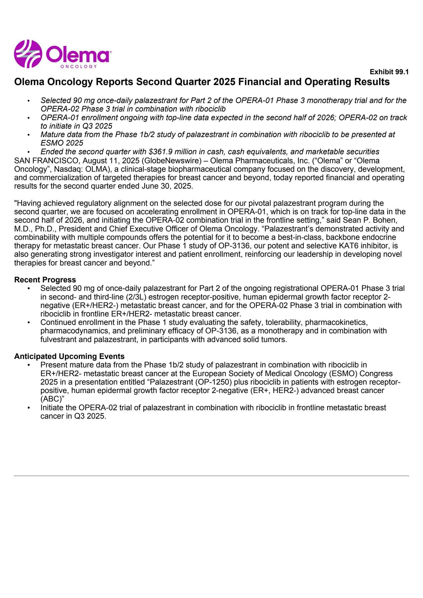 Olema Pharmaceuticals' Q2 2025 Press Release