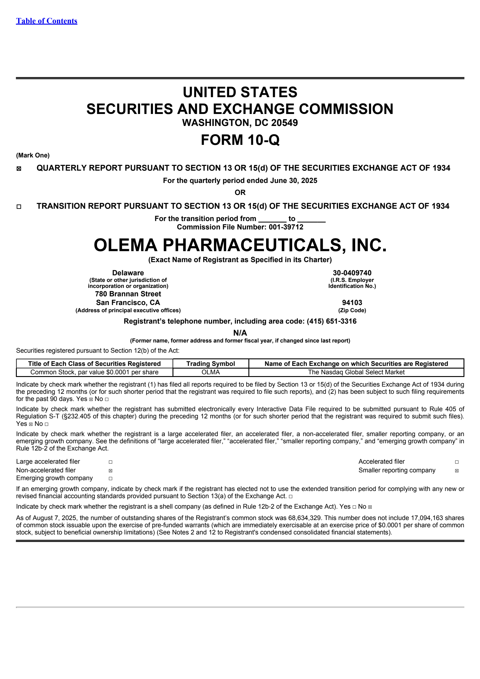Olema Pharmaceuticals' Q2 2025 Quarterly report