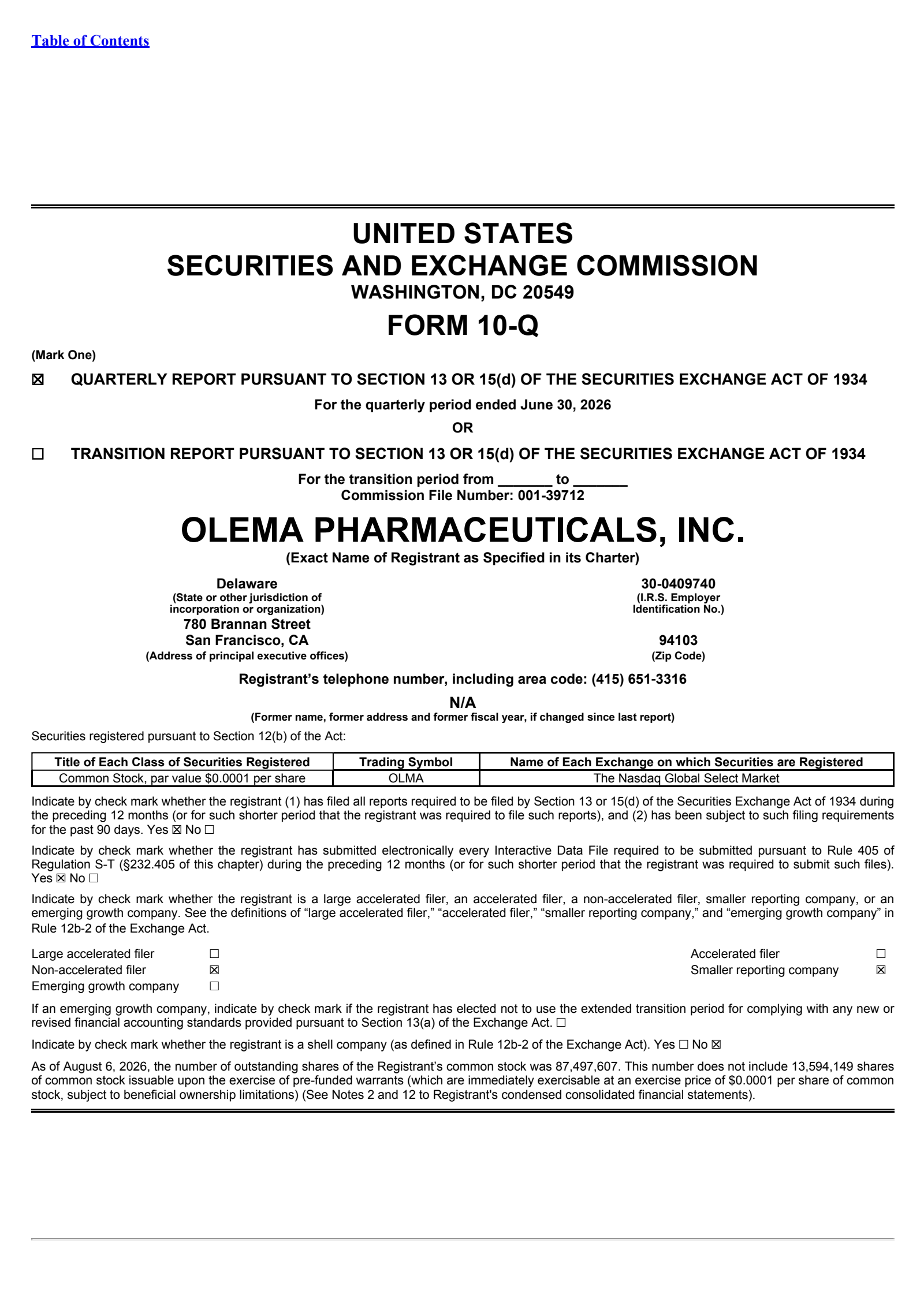Olema Pharmaceuticals' Q2 2026 Quarterly report
