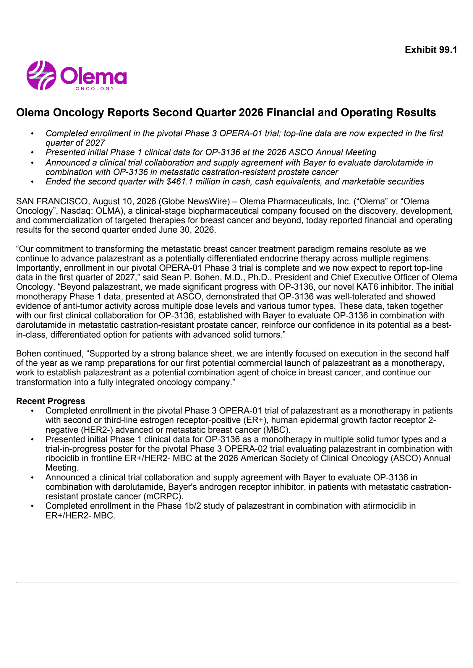 Olema Pharmaceuticals' Q2 2026 Press Release