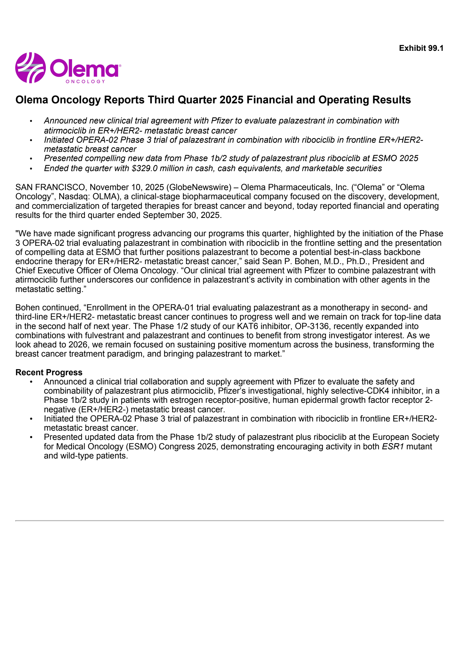Olema Pharmaceuticals' Q3 2025 Earnings Release