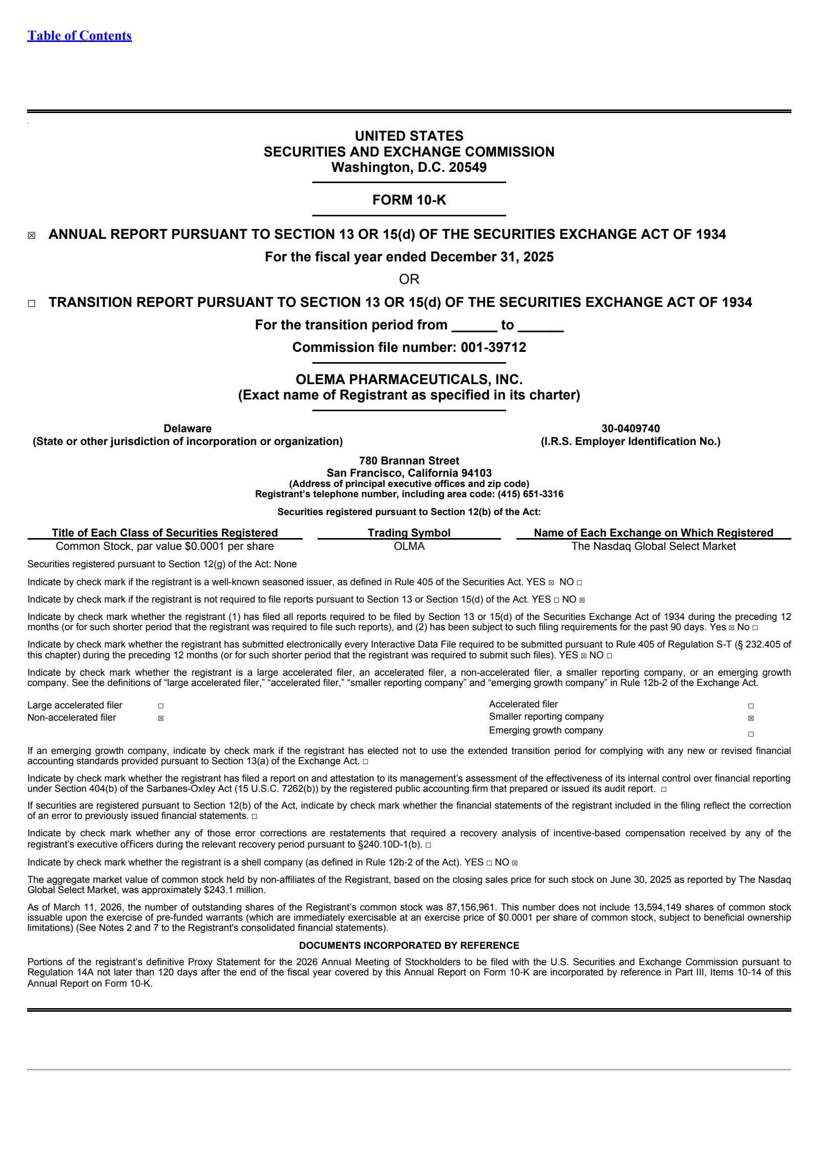 Olema Pharmaceuticals' Q4 2025 Annual report