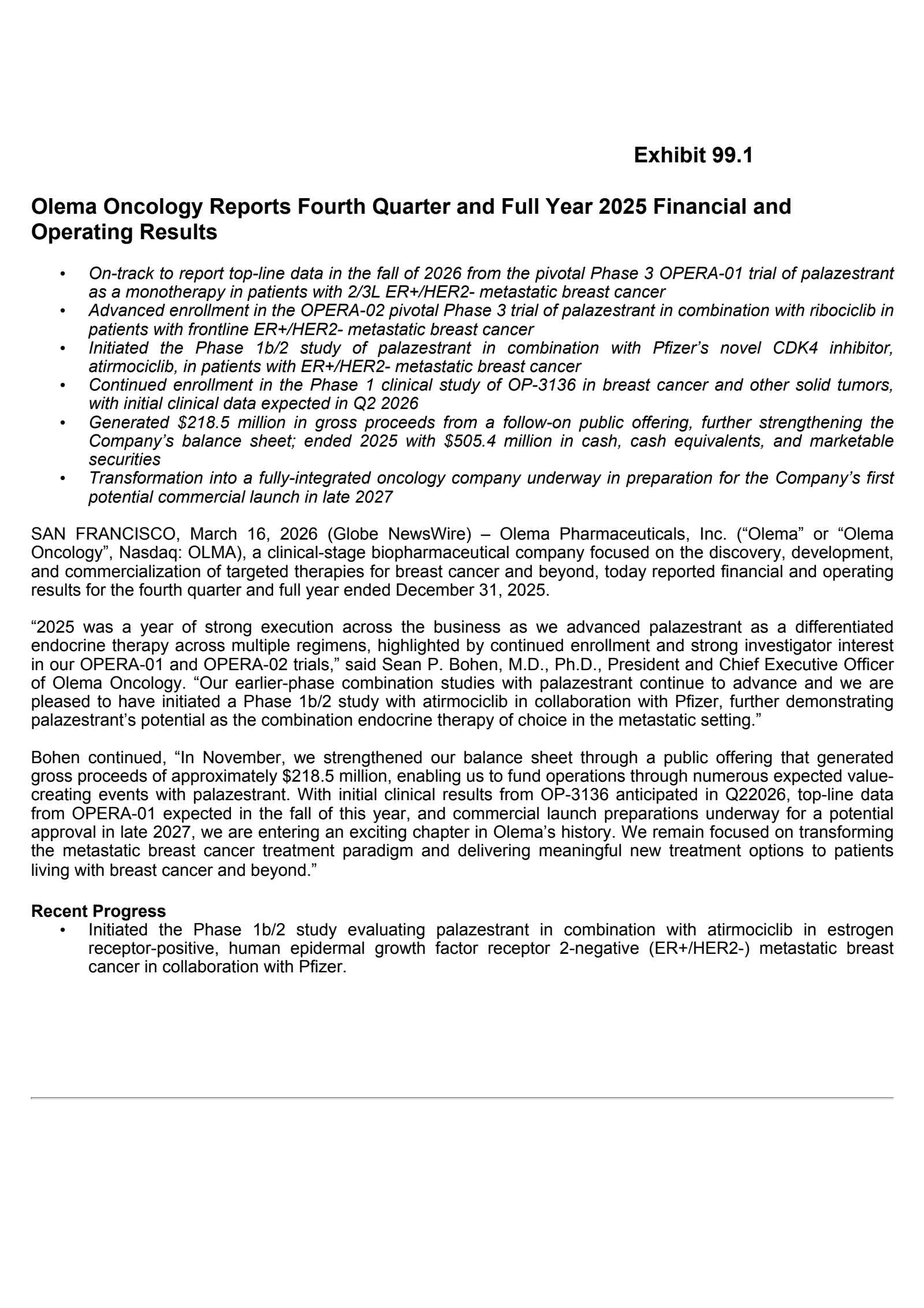 Olema Pharmaceuticals' Q4 2025 Press Release