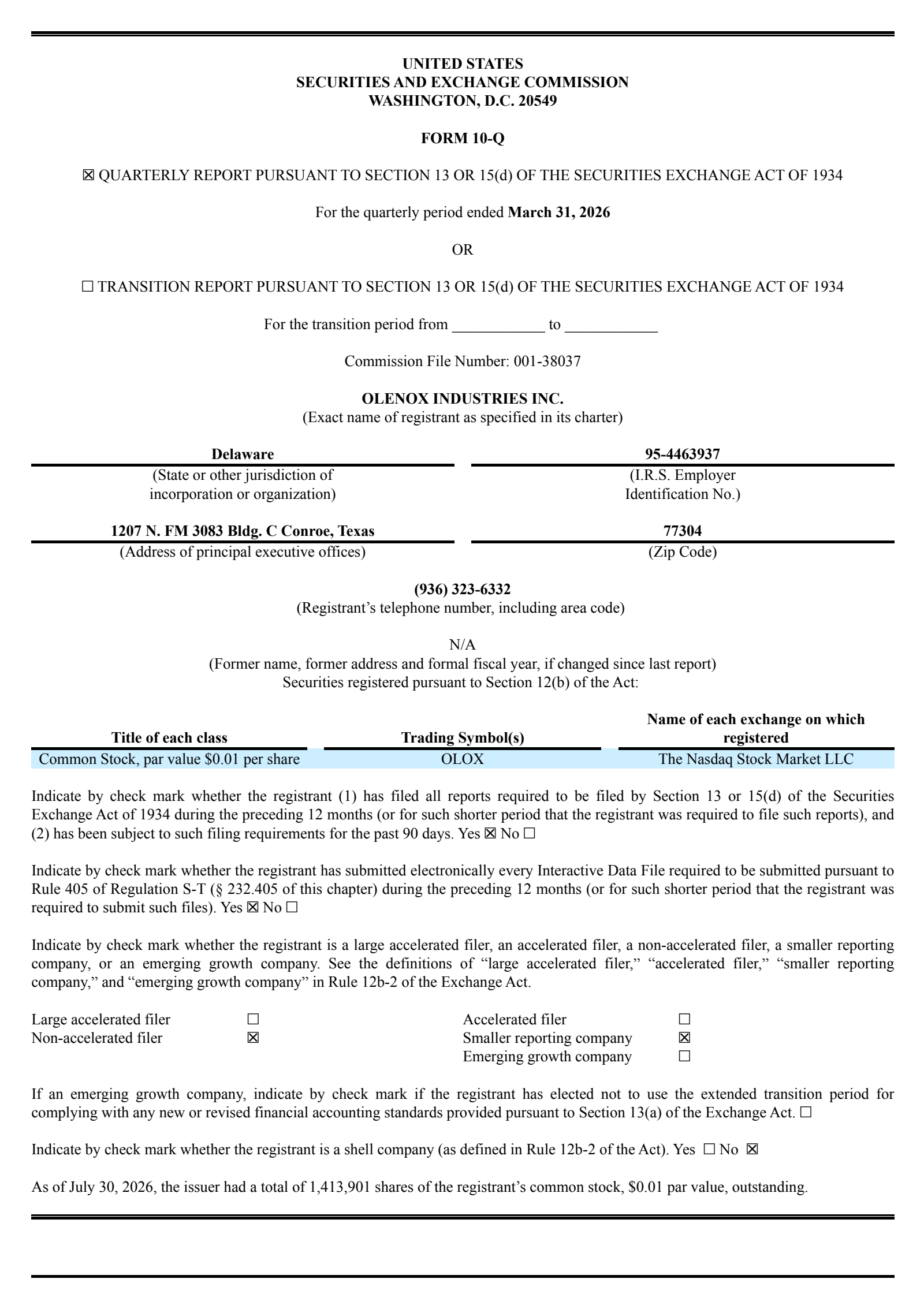 Olenox Industries' Q1 2026 Quarterly report