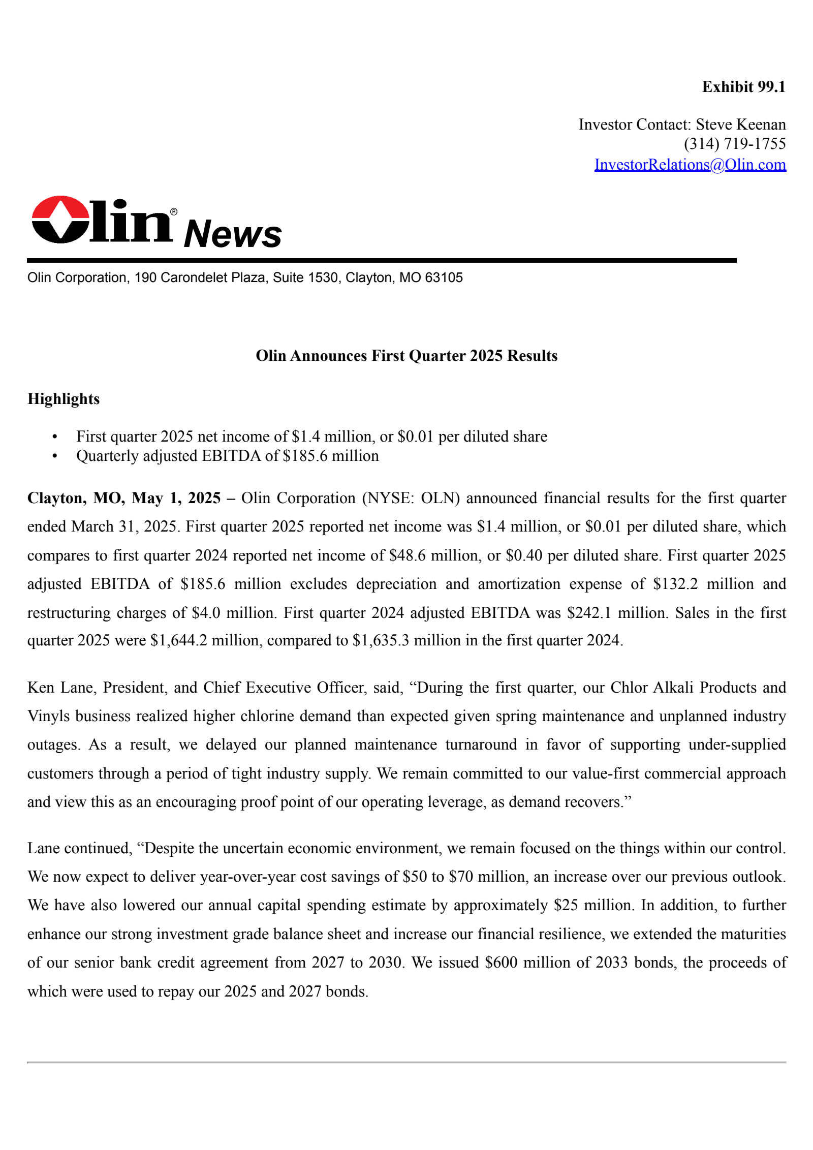Olin's Q1 2025 Press Release