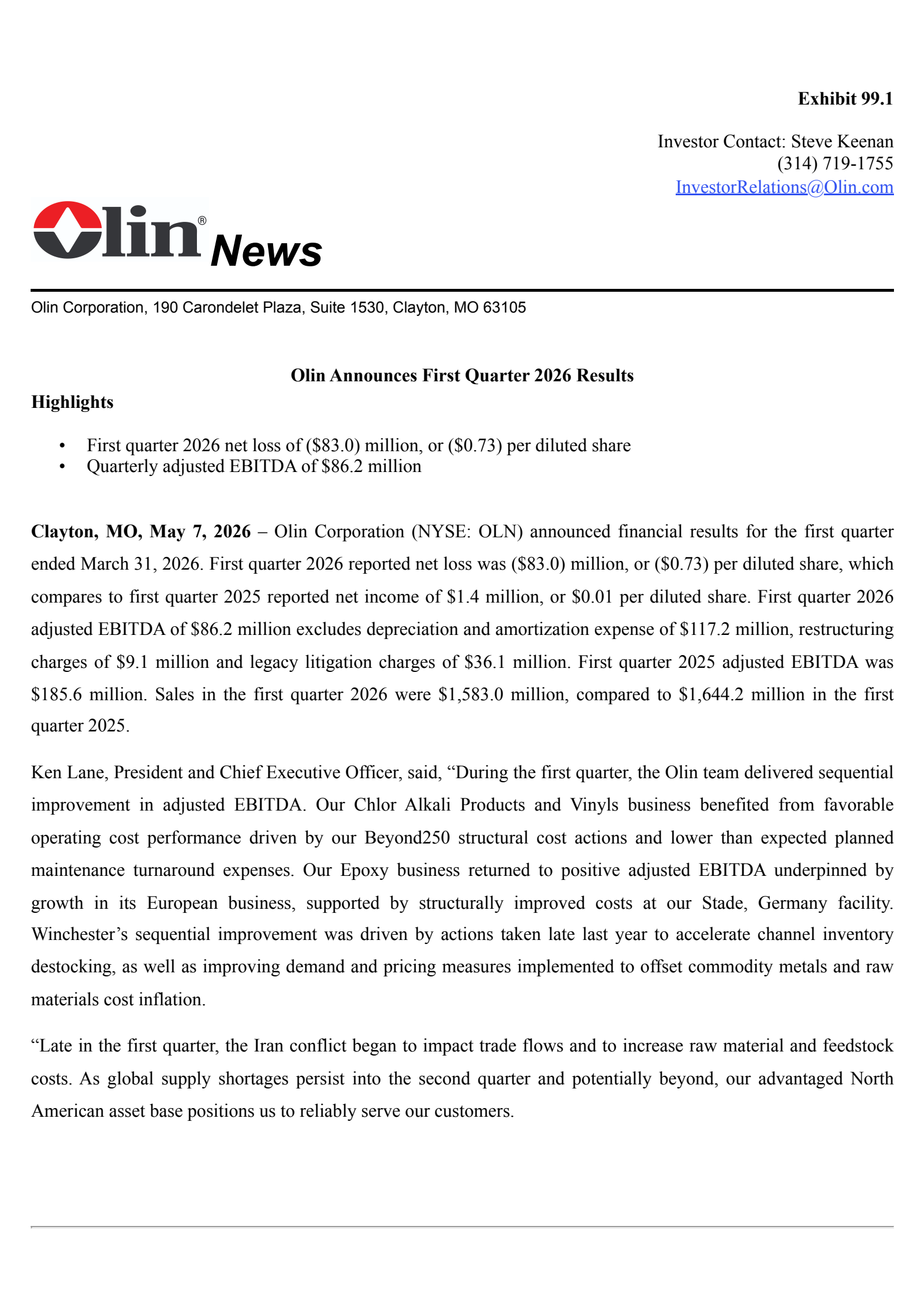 Olin's Q1 2026 Press Release