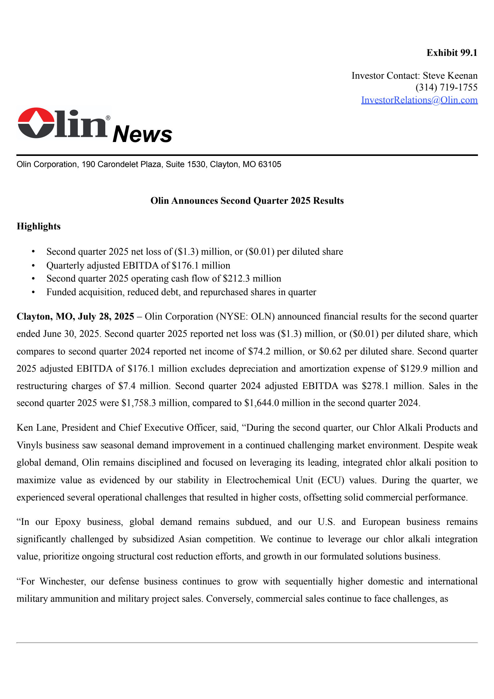 Olin's Q2 2025 Press Release