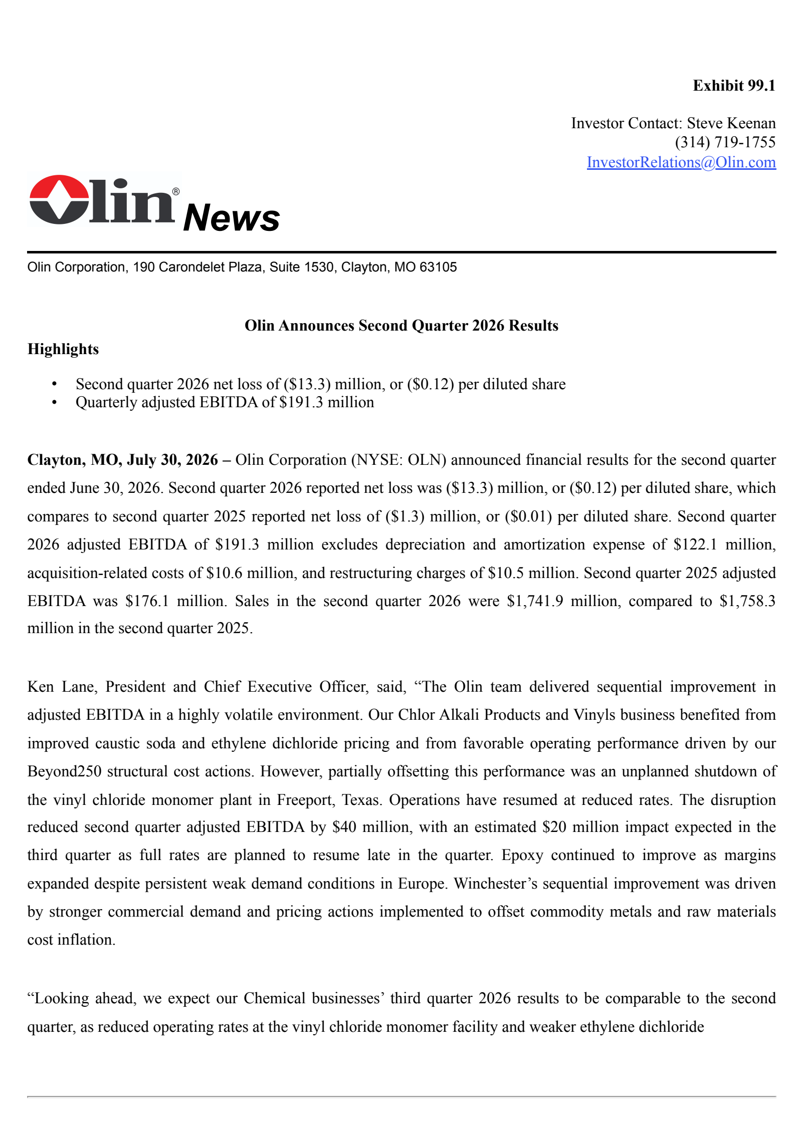 Olin's Q2 2026 Press Release