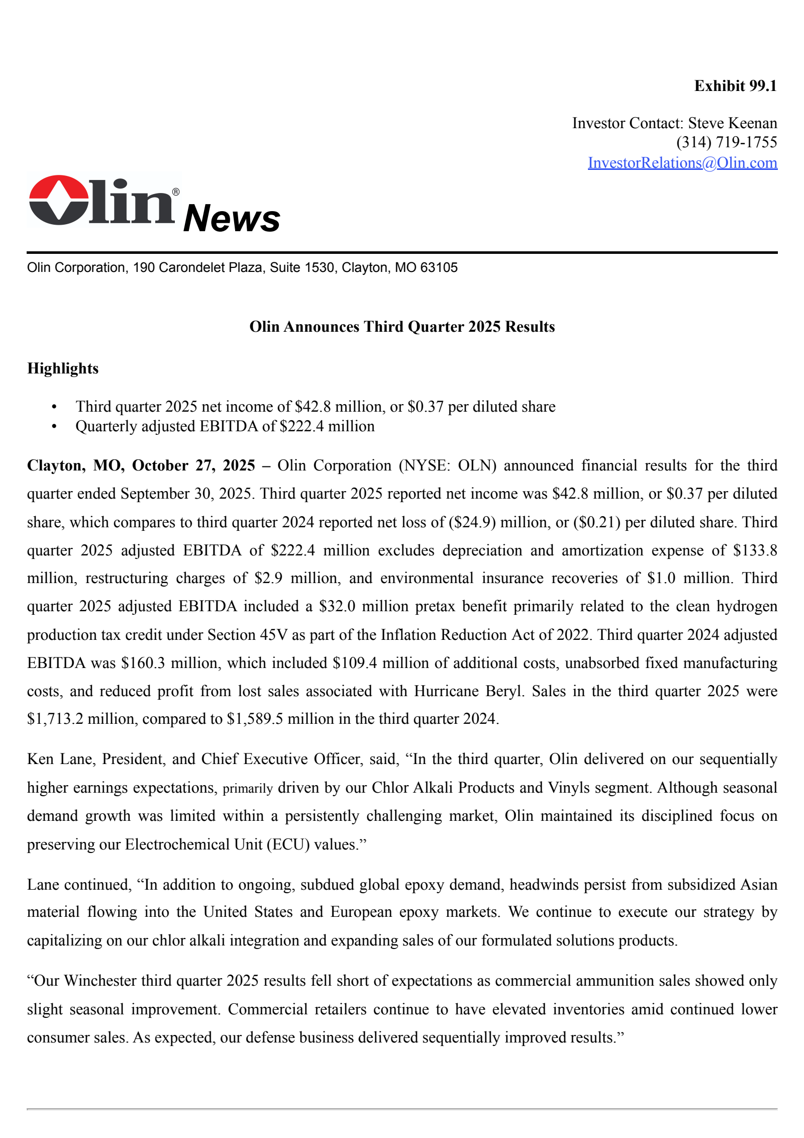 Olin's Q3 2025 Earnings Release