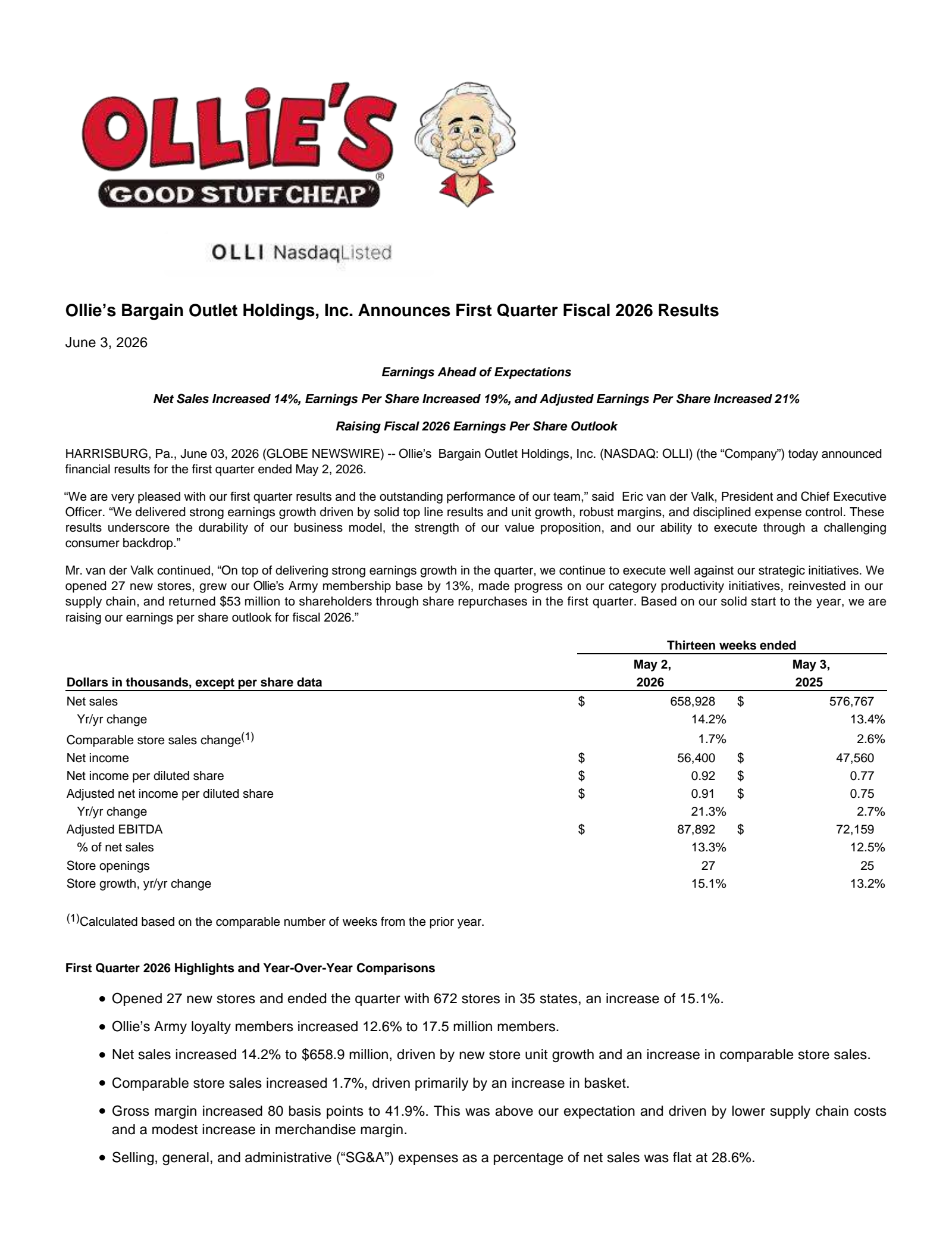 Ollie's Bargain Outlet's Q1 2026 Press Release