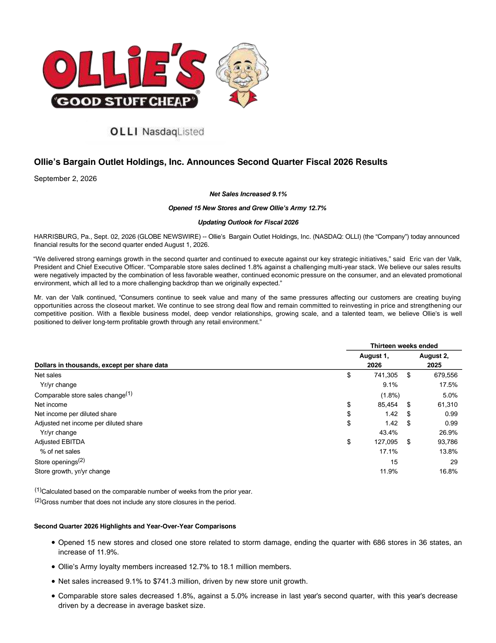 Ollie's Bargain Outlet's Q2 2026 Press Release