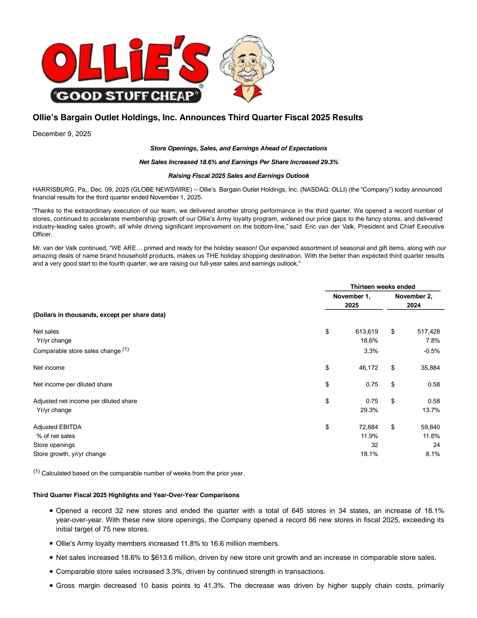 Ollie's Bargain Outlet's Q3 2025 Earnings Release