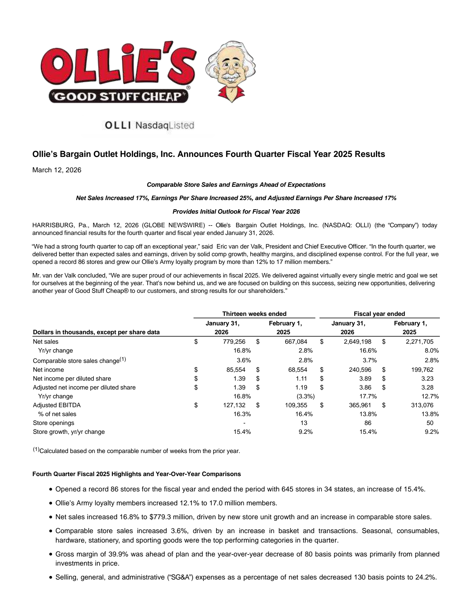 Ollie's Bargain Outlet's Q4 2025 Press Release