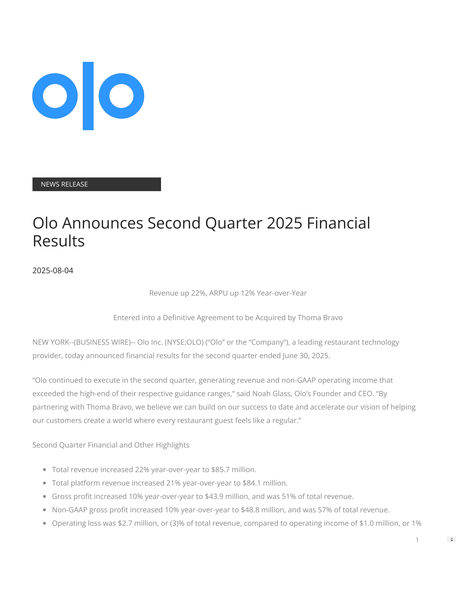 OLO's Q2 2025 Press Release