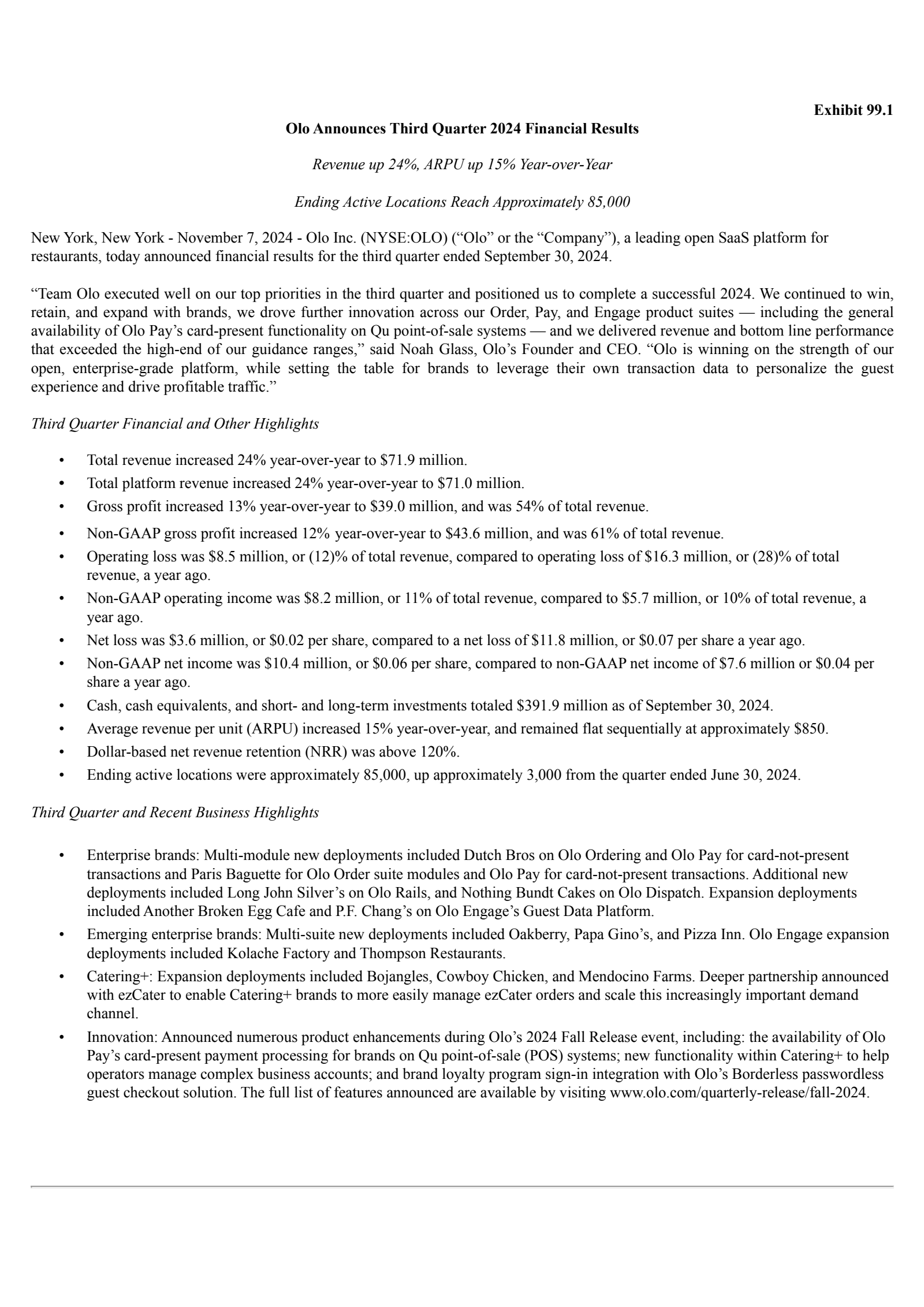 OLO's Q3 2024 Press Release