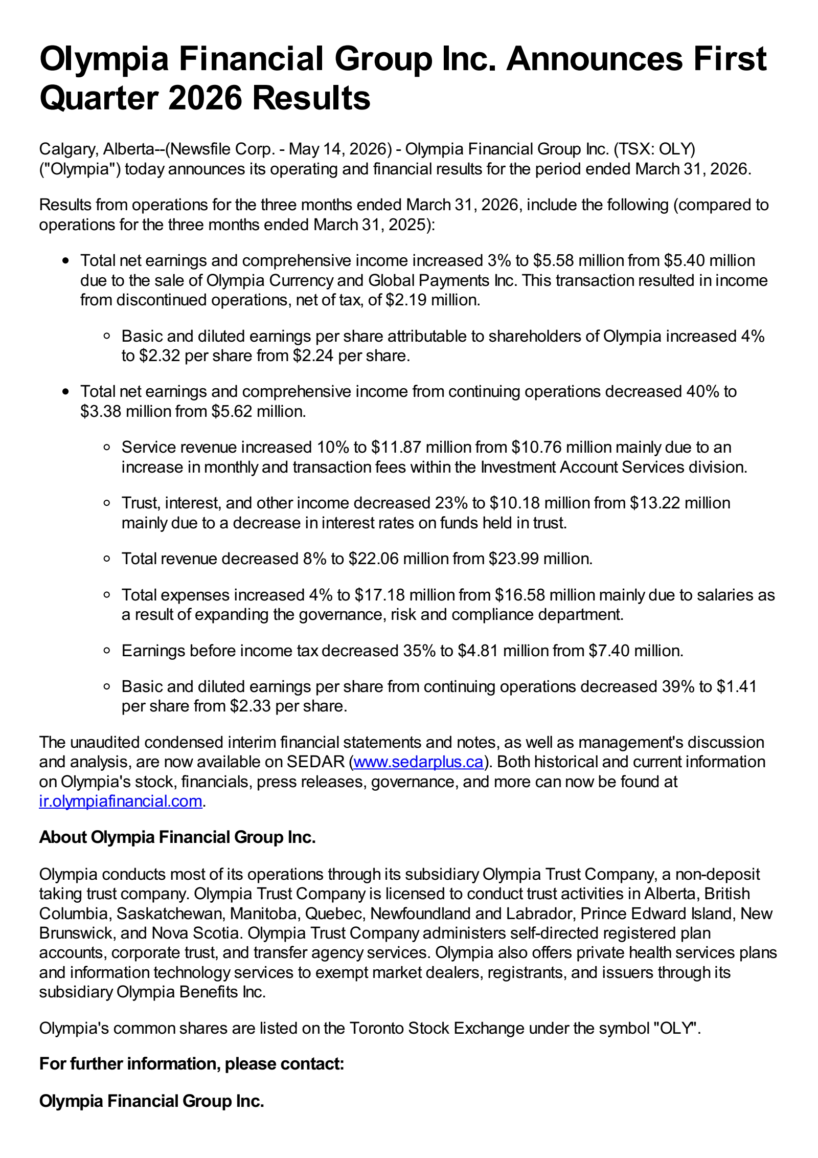 Olympia Financial Group's Q1 2026 Press Release