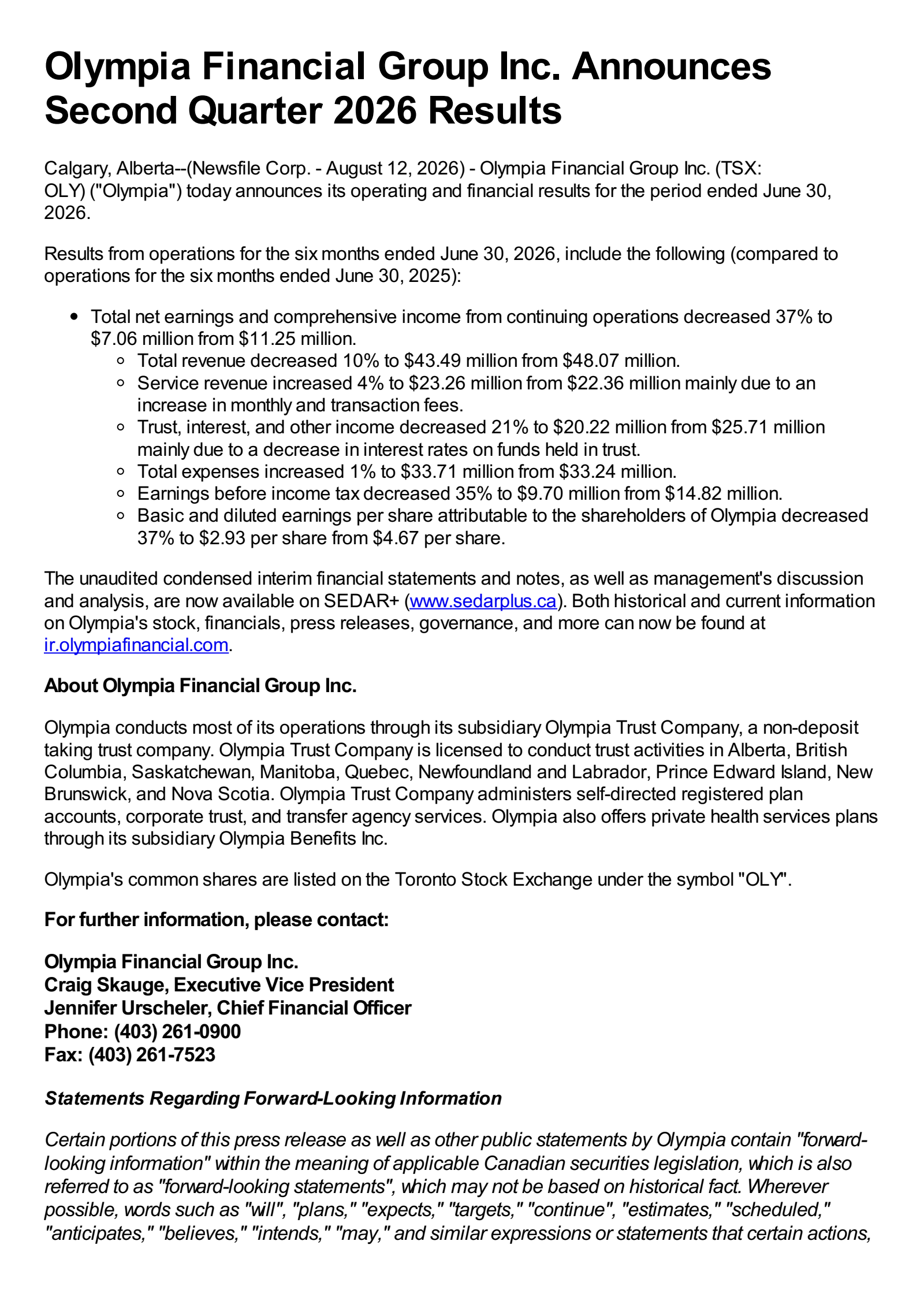Olympia Financial Group's Q2 2026 Press Release