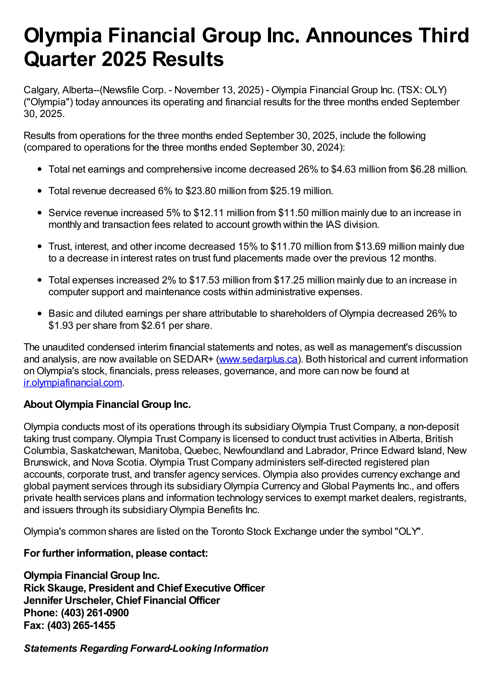 Olympia Financial Group's Q3 2025 Press Release