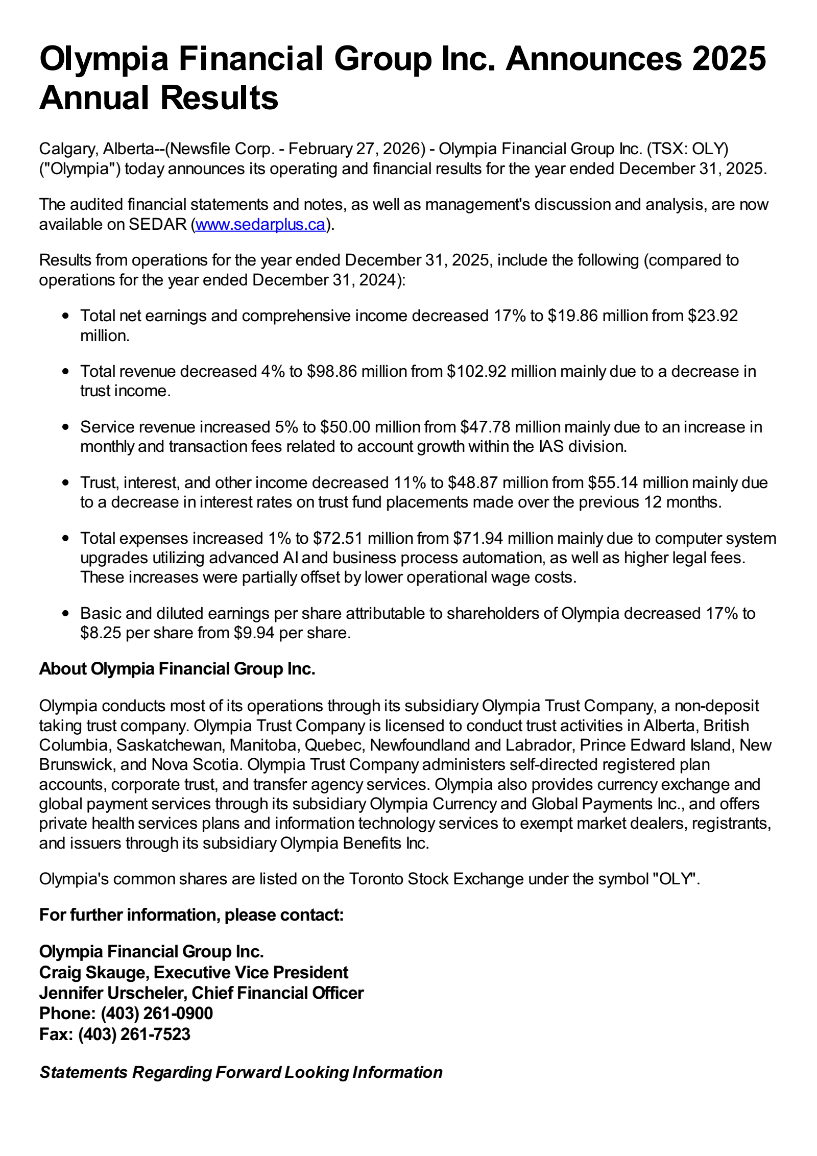 Olympia Financial Group's Q4 2025 Press Release