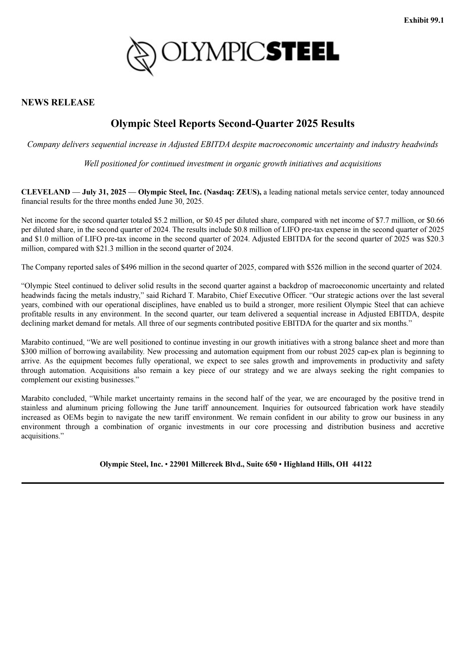 Olympic Steel's Q2 2025 Press Release