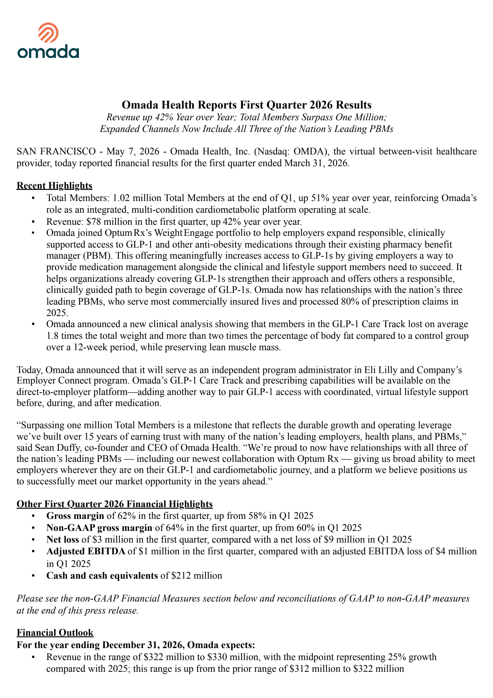 Omada Health's Q1 2026 Press Release