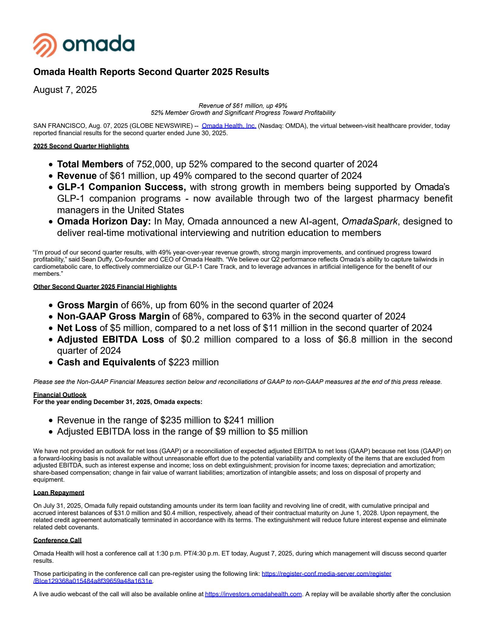 Omada Health's Q2 2025 Press Release