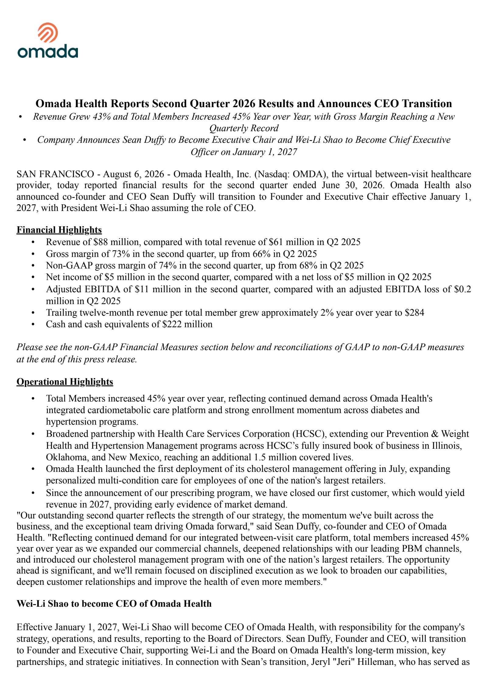Omada Health's Q2 2026 Press Release