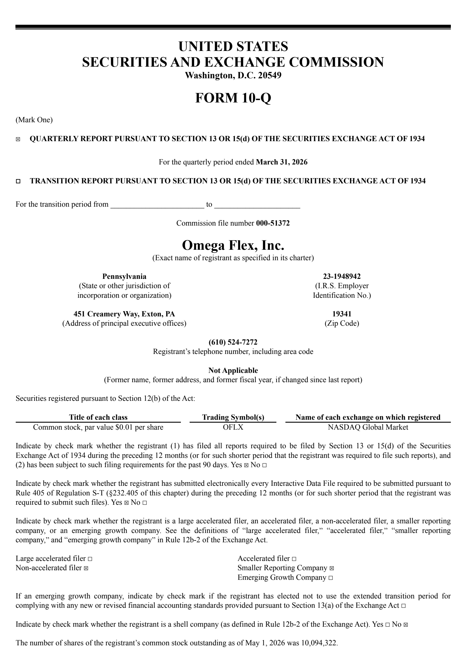 Omega Flex's Q1 2026 Quarterly report