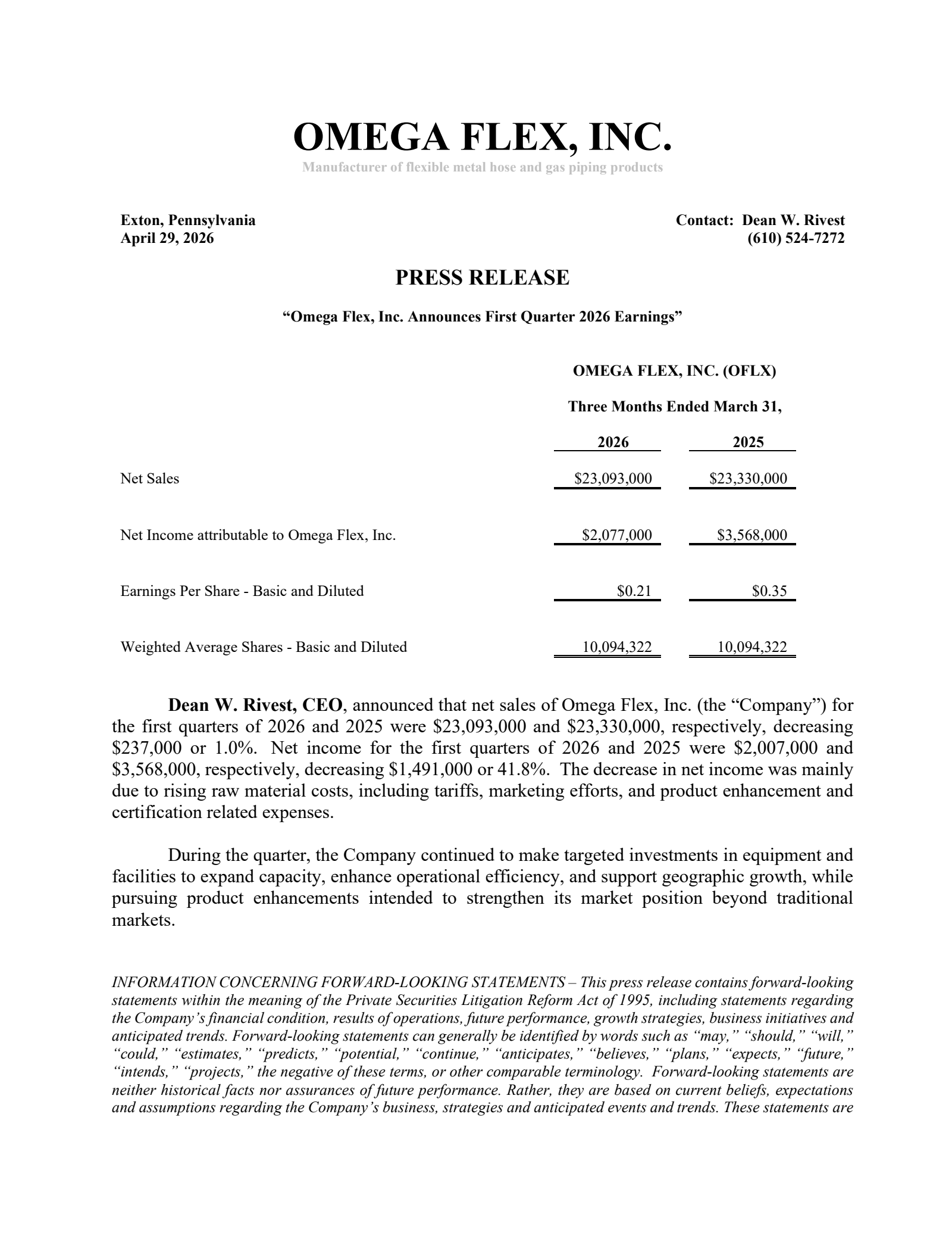 Omega Flex's Q1 2026 Press Release