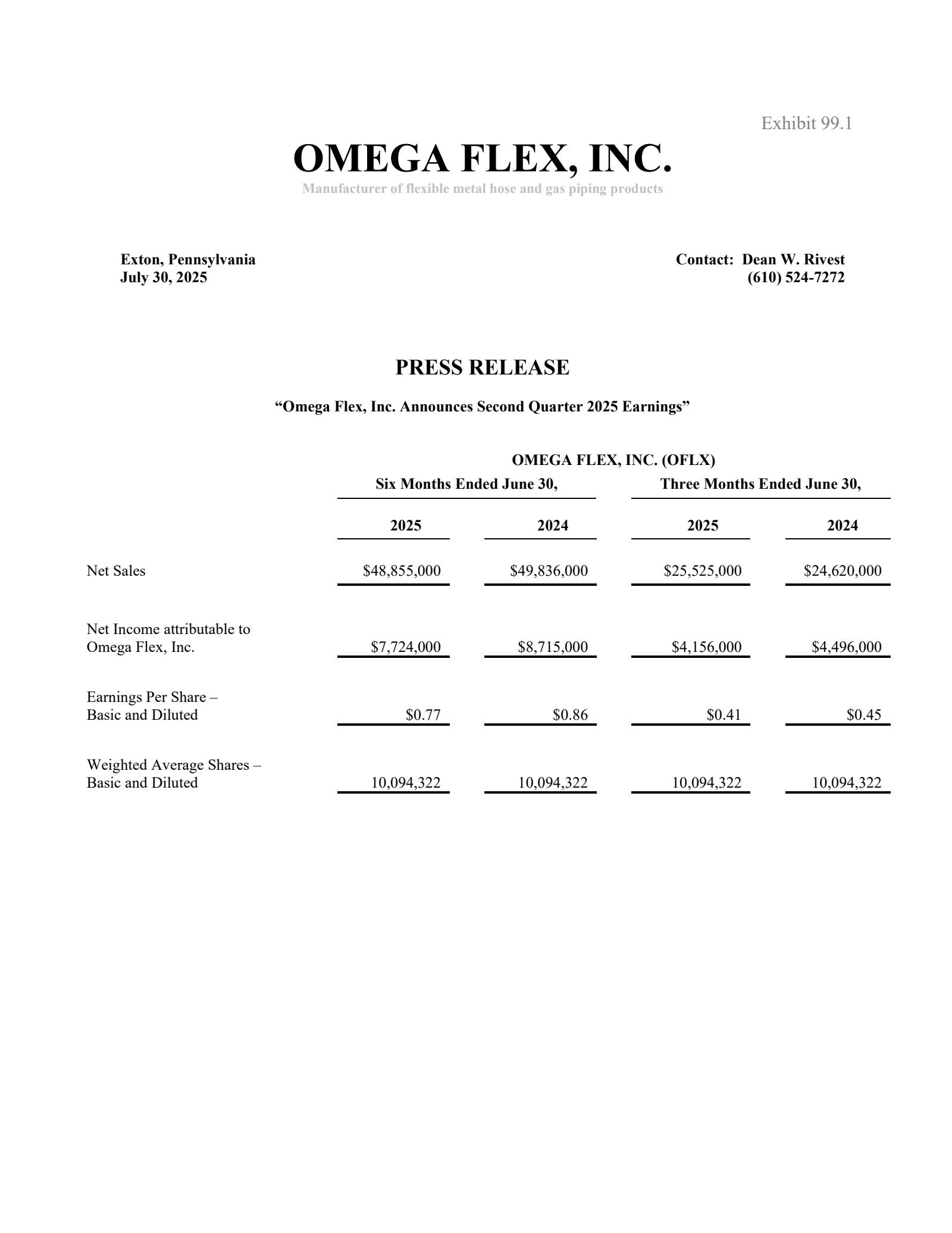 Omega Flex's Q2 2025 Press Release