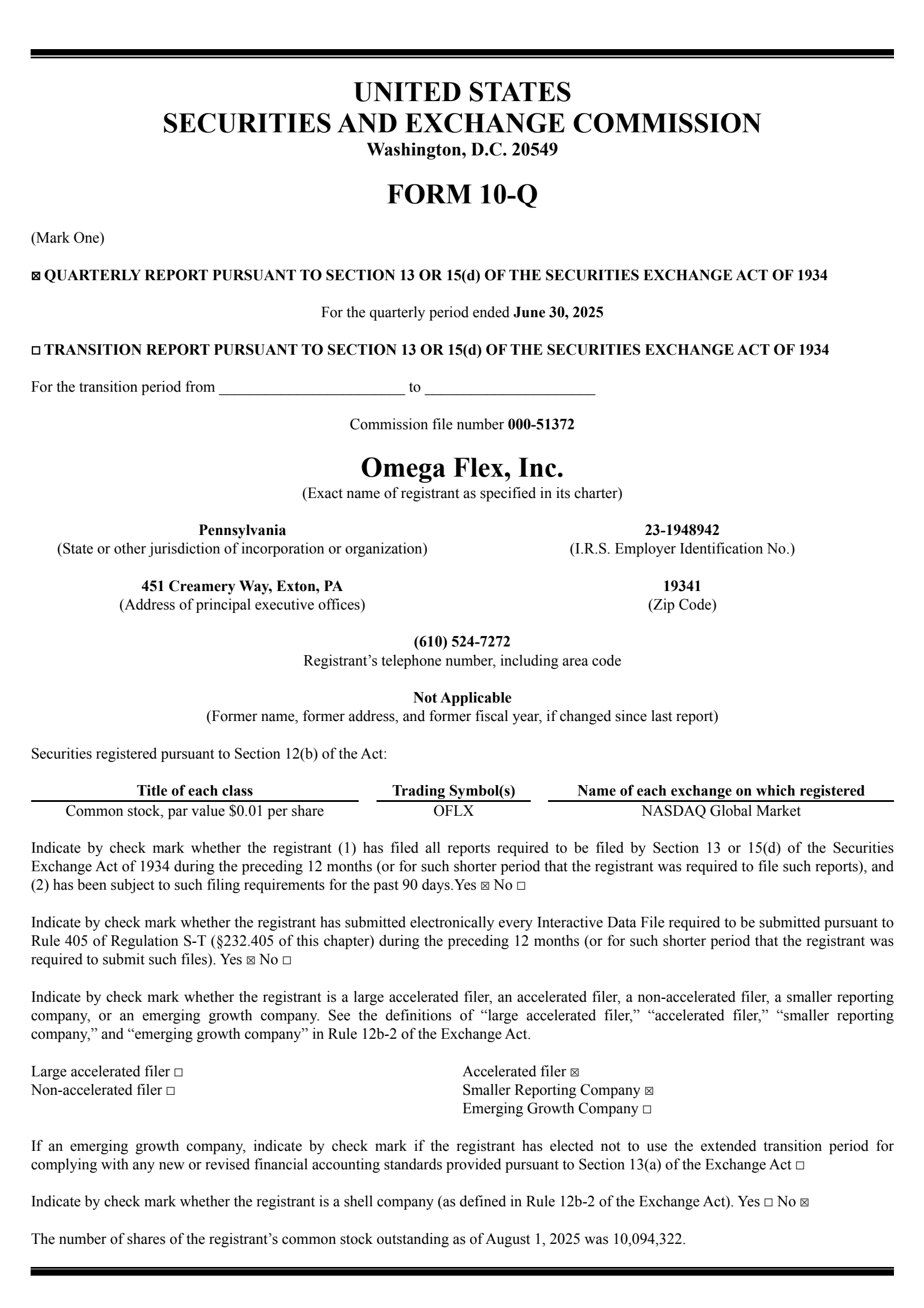 Omega Flex's Q2 2025 Quarterly report