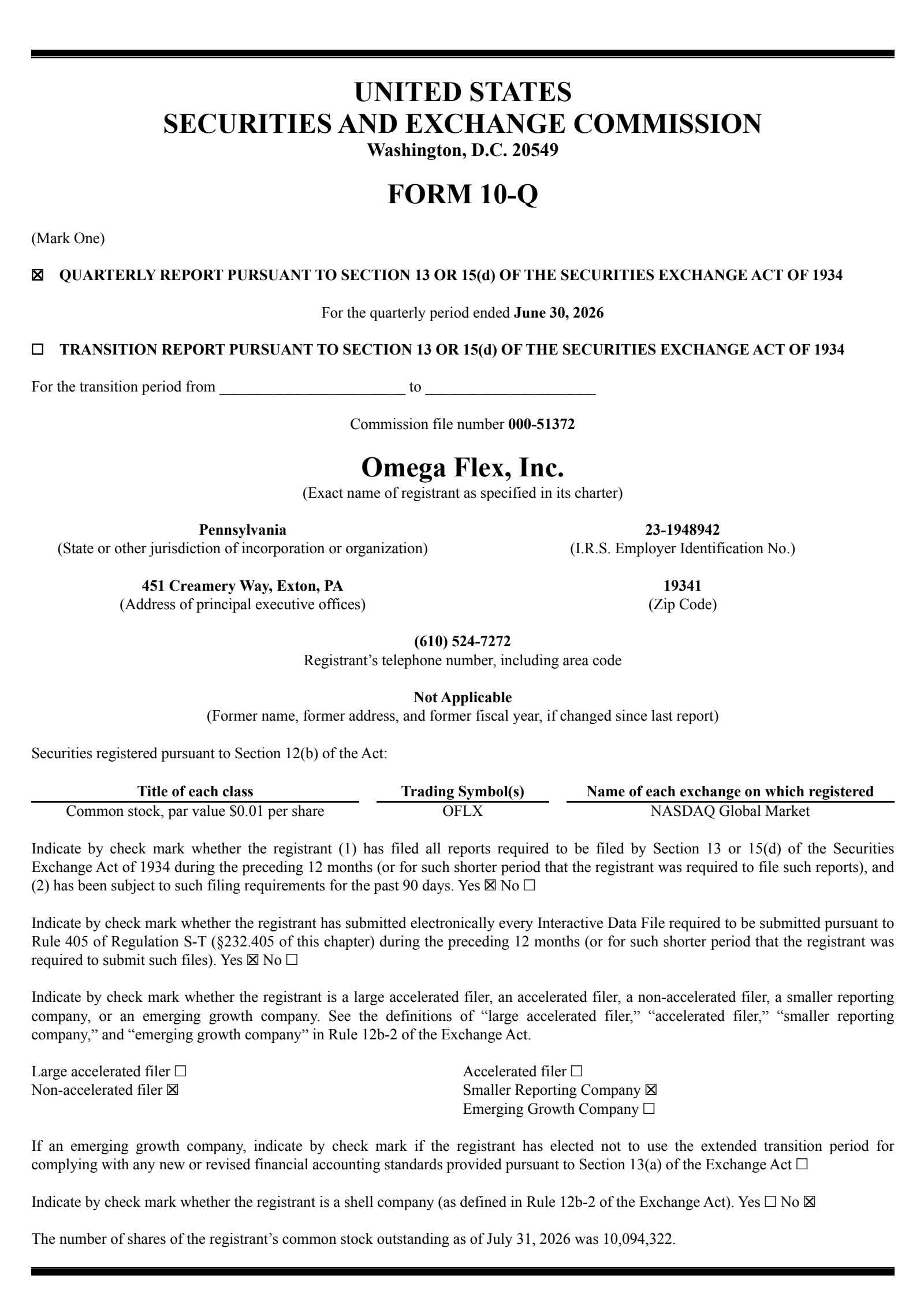 Omega Flex's Q2 2026 Quarterly report